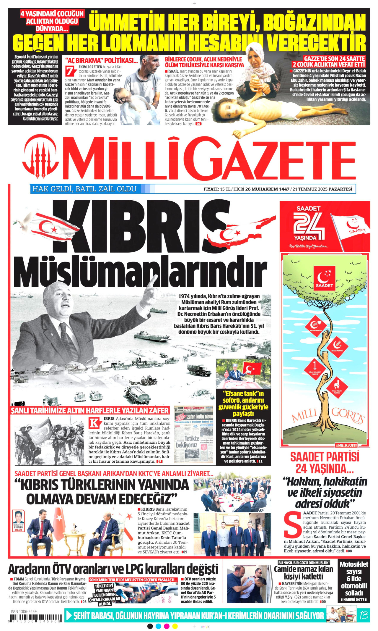 MİLLİ GAZETE gazetesinin 21 Temmuz 2025 tarihli birinci sayfası