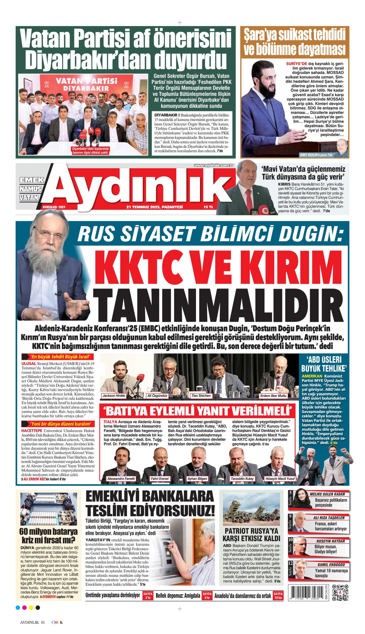 AYDINLIK GAZETESİ gazetesinin 21 Temmuz 2025 tarihli birinci sayfası