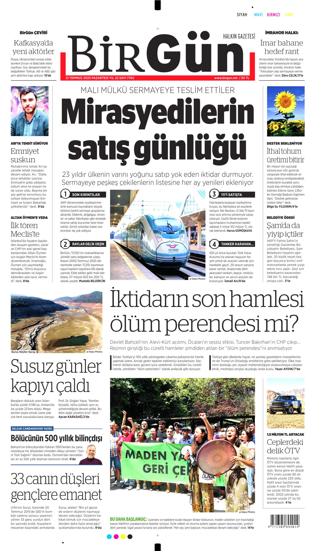 BİRGÜN gazetesinin 21 Temmuz 2025 tarihli birinci sayfası