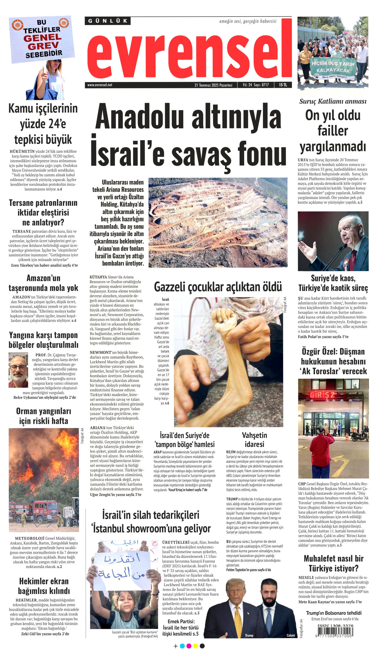 EVRENSEL gazetesinin 21 Temmuz 2025 tarihli birinci sayfası
