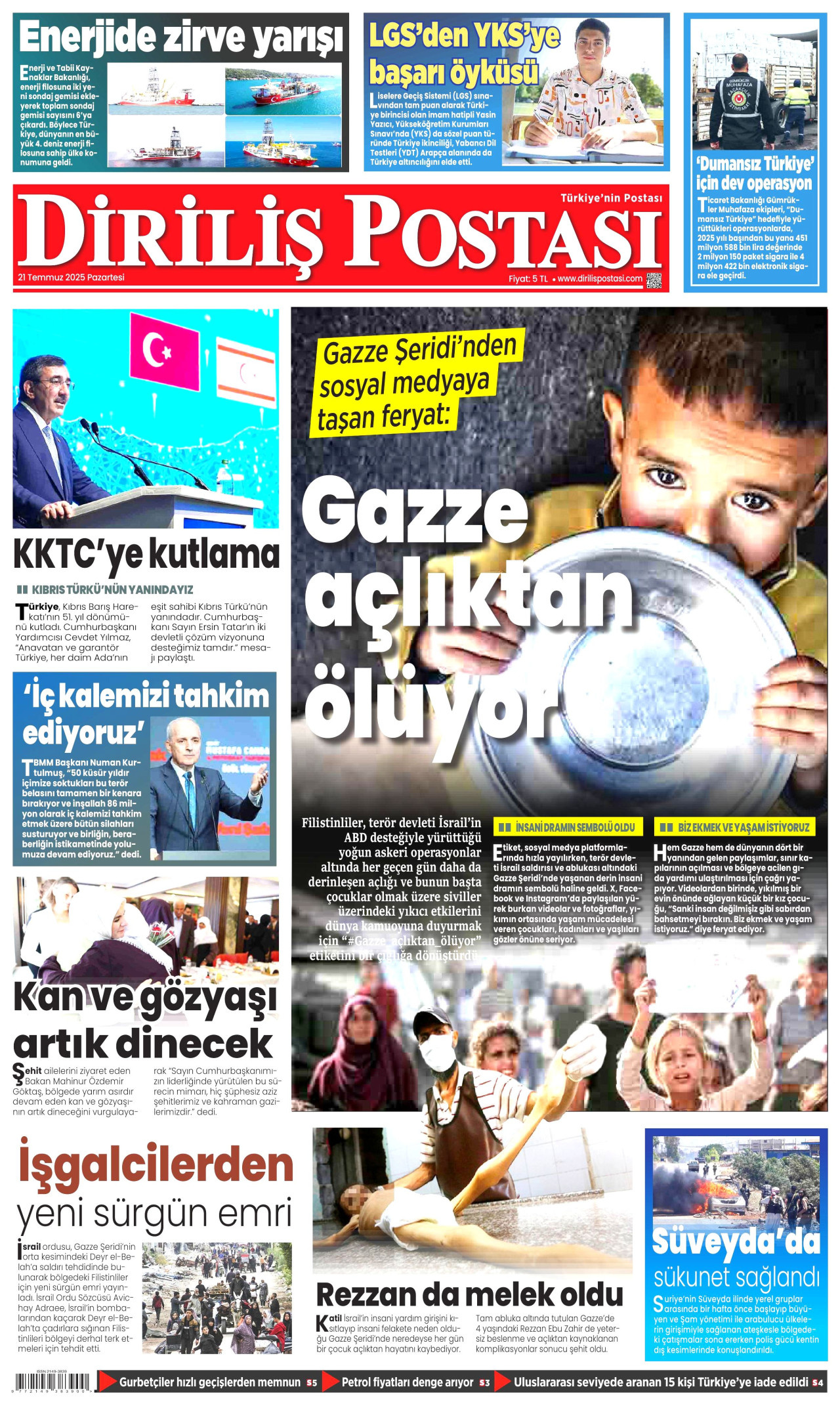 DİRİLİŞ POSTASI gazetesinin 21 Temmuz 2025 tarihli birinci sayfası