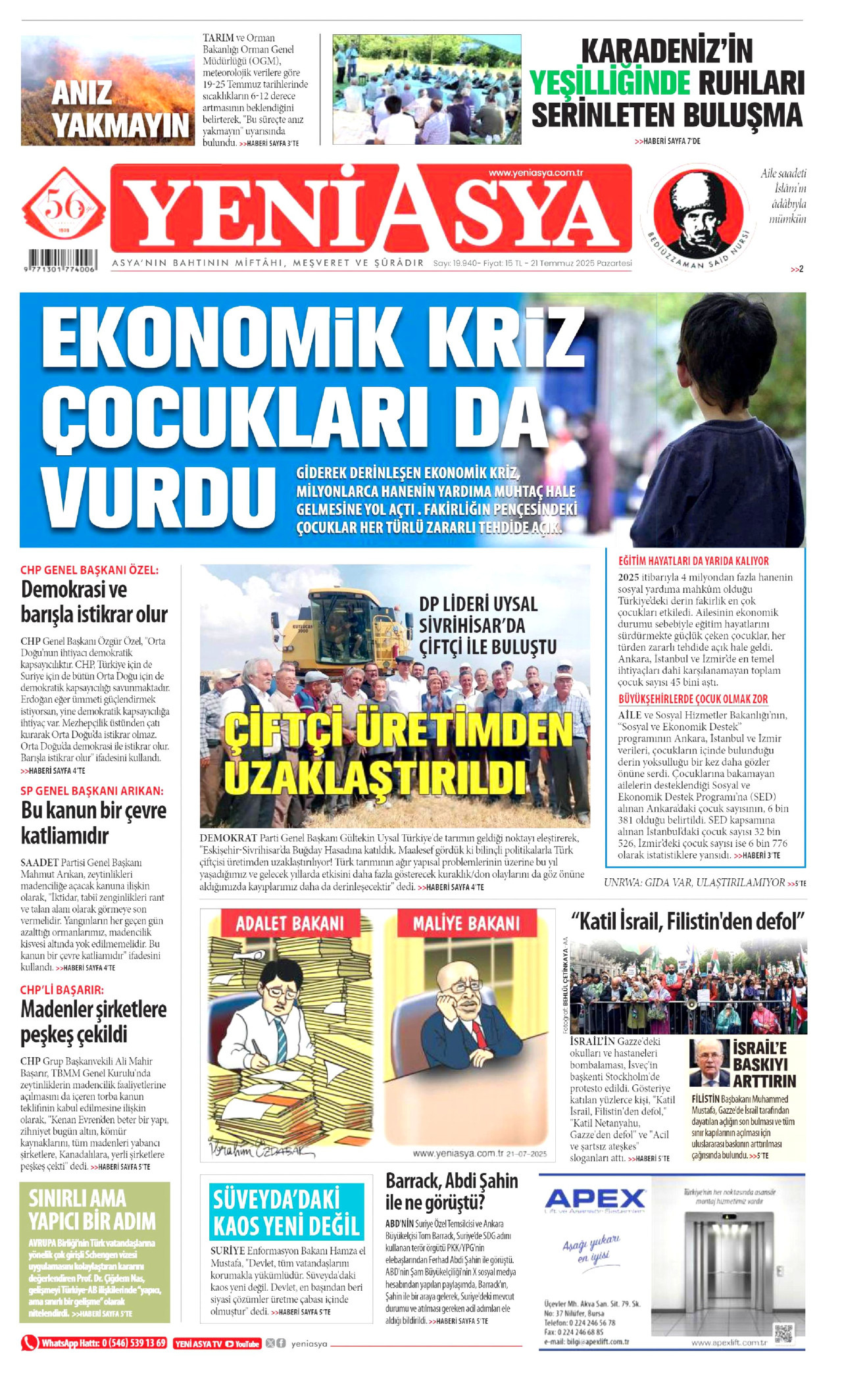 YENİ ASYA gazetesinin 21 Temmuz 2025 tarihli birinci sayfası
