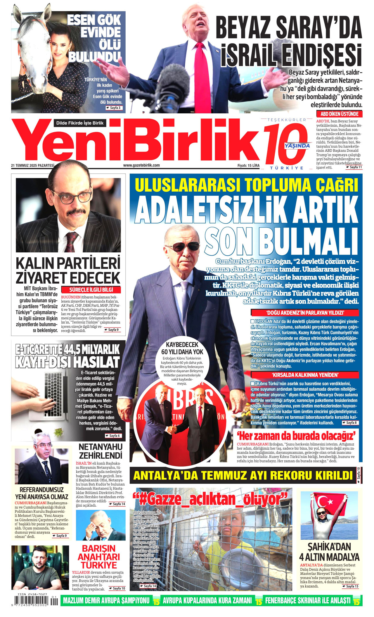 YENİBİRLİK gazetesinin 21 Temmuz 2025 tarihli birinci sayfası