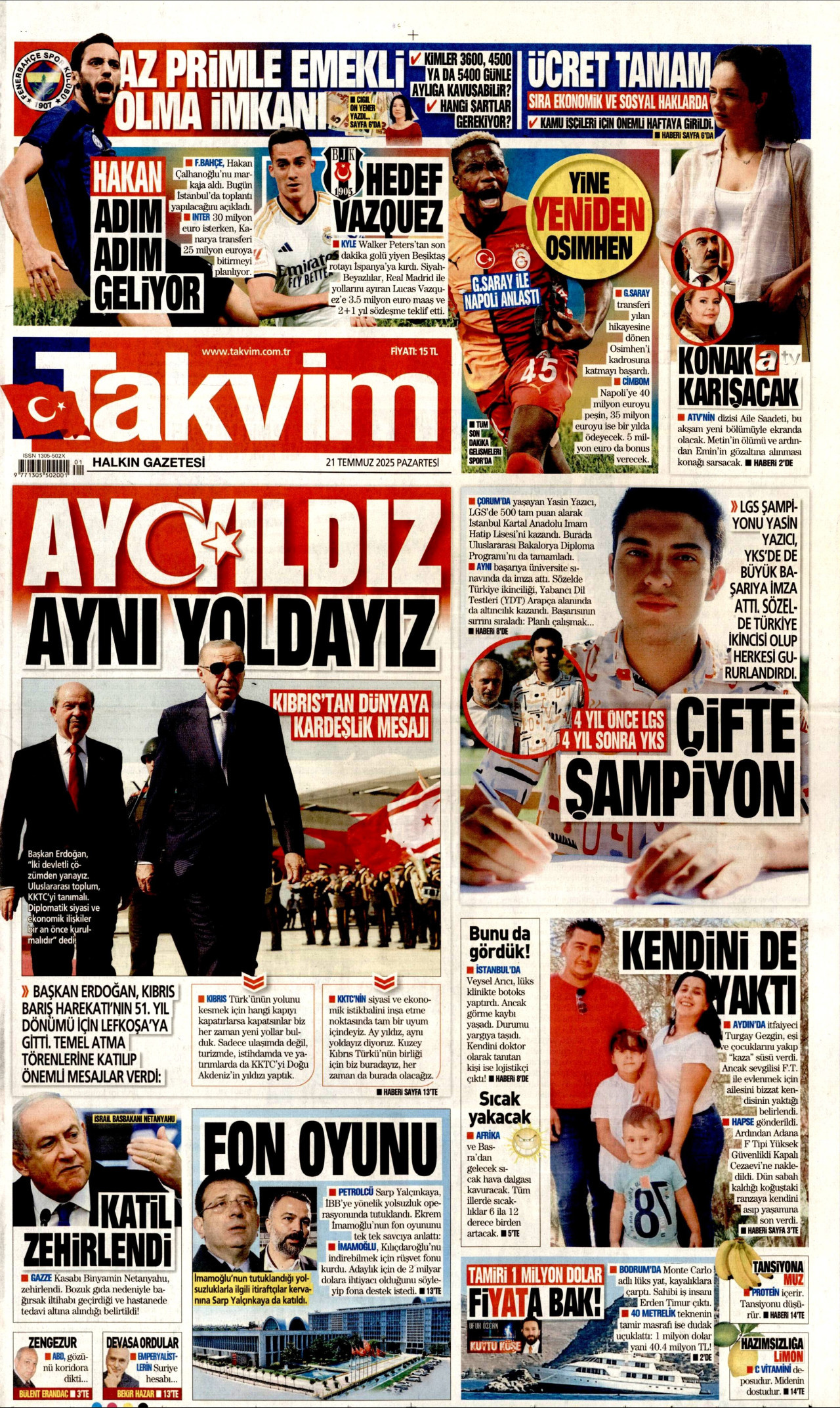 TAKVİM gazetesinin 21 Temmuz 2025 tarihli birinci sayfası