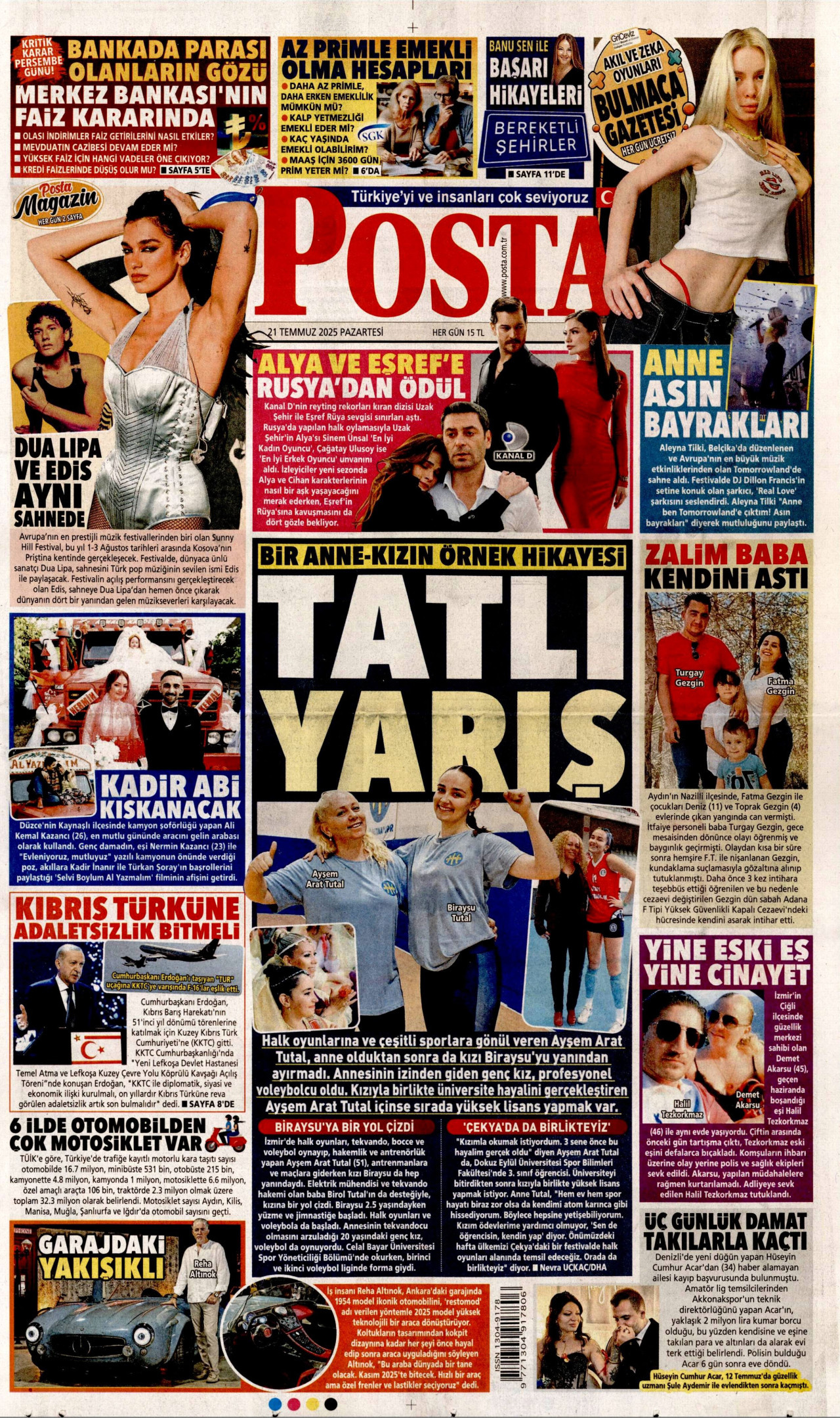POSTA gazetesinin 21 Temmuz 2025 tarihli birinci sayfası