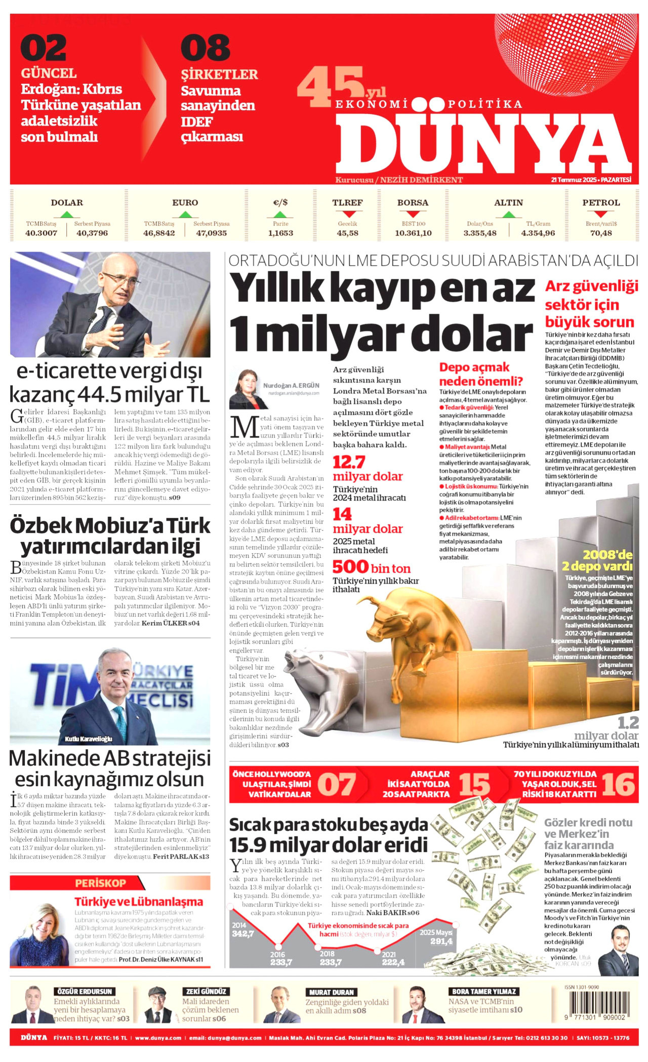 DÜNYA gazetesinin 21 Temmuz 2025 tarihli birinci sayfası