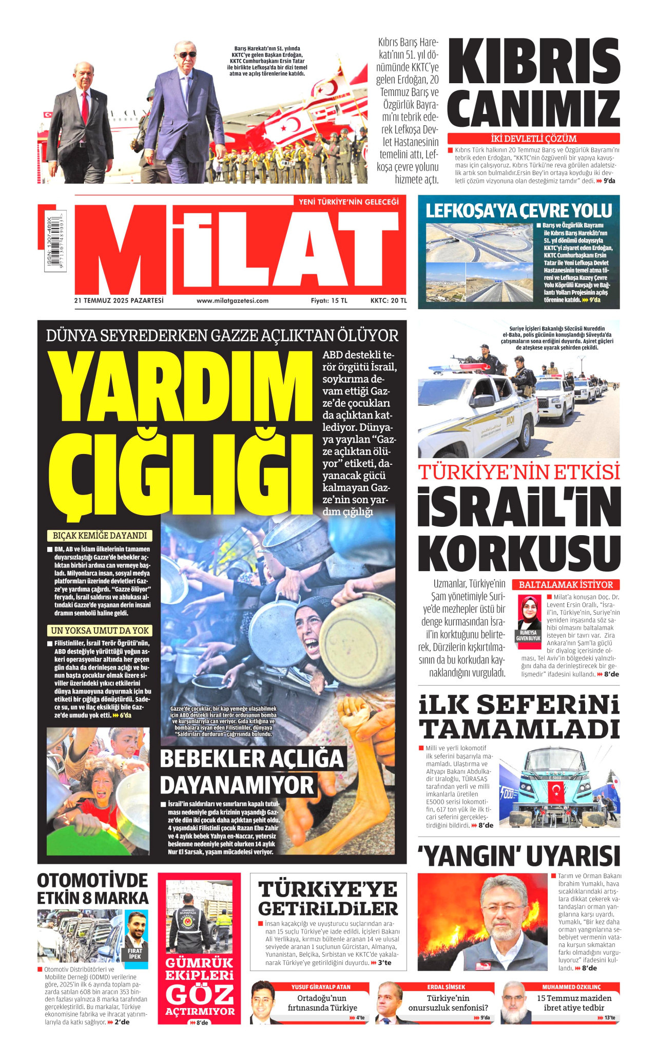 MİLAT gazetesinin 21 Temmuz 2025 tarihli birinci sayfası