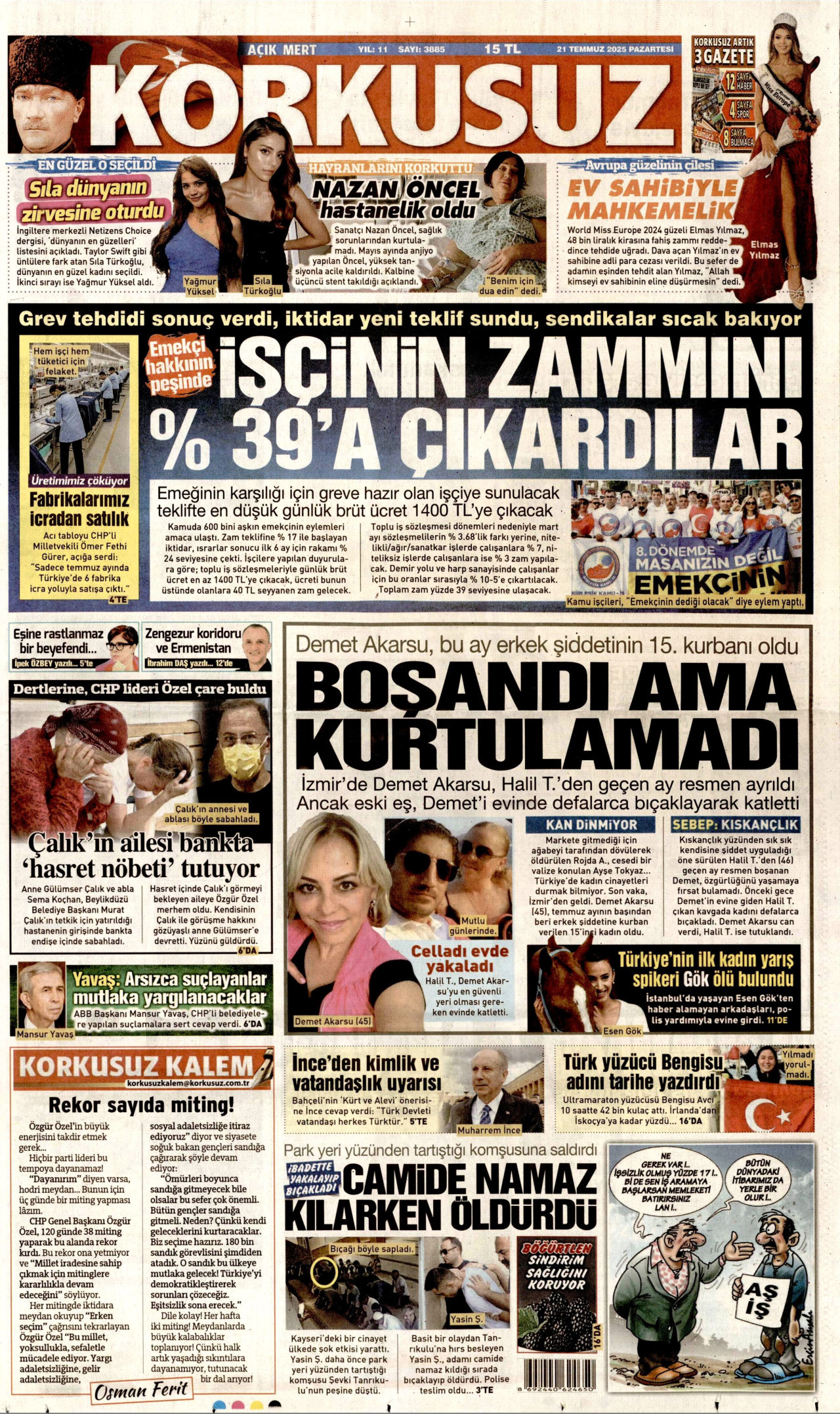 KORKUSUZ gazetesinin 21 Temmuz 2025 tarihli birinci sayfası