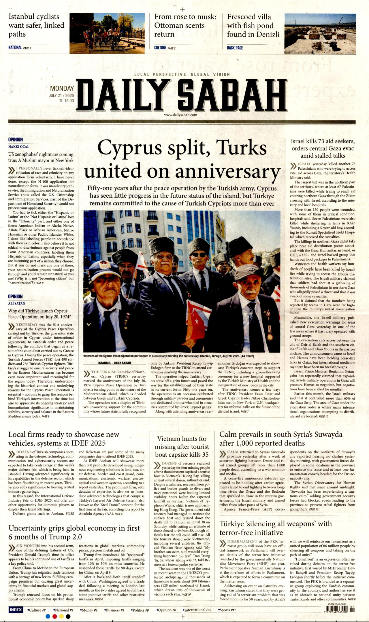 DAİLY SABAH gazetesinin 21 Temmuz 2025 tarihli birinci sayfası