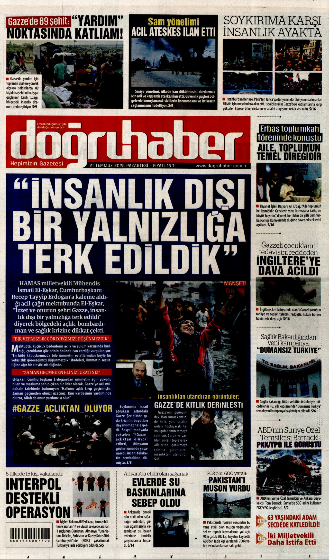 DOĞRU HABER gazetesinin 21 Temmuz 2025 tarihli birinci sayfası