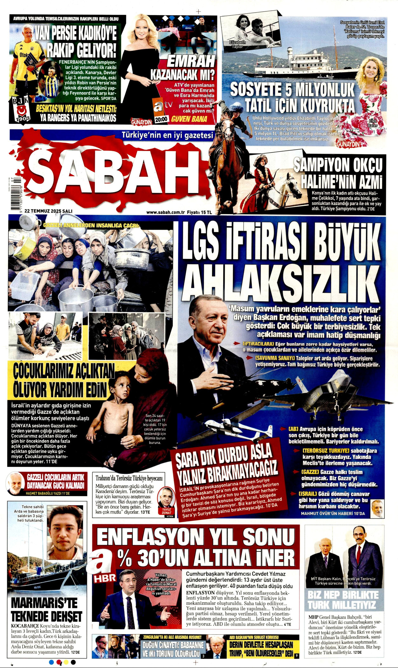 SABAH gazetesinin 22 Temmuz 2025 tarihli birinci sayfası