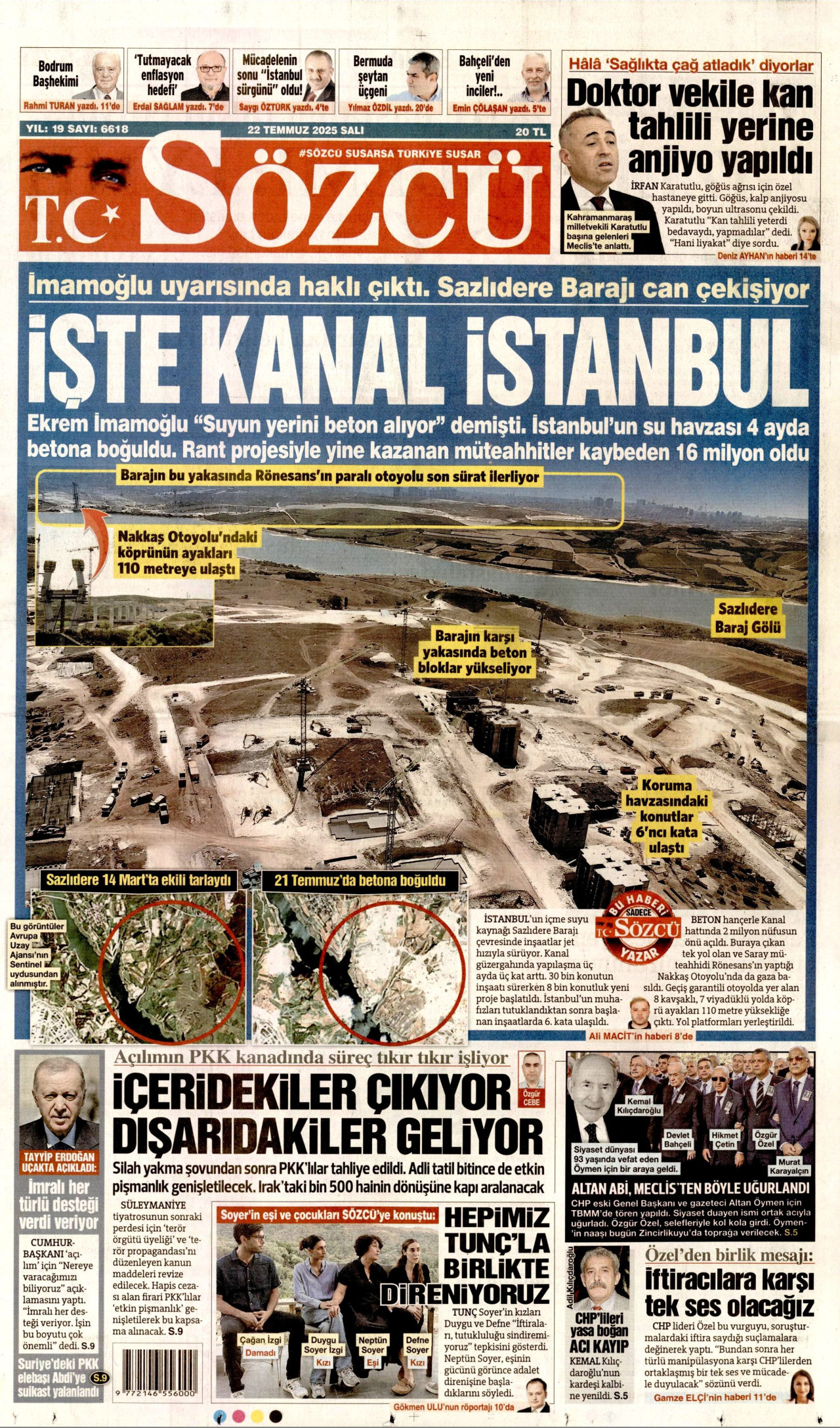 SÖZCÜ gazetesinin 22 Temmuz 2025 tarihli birinci sayfası
