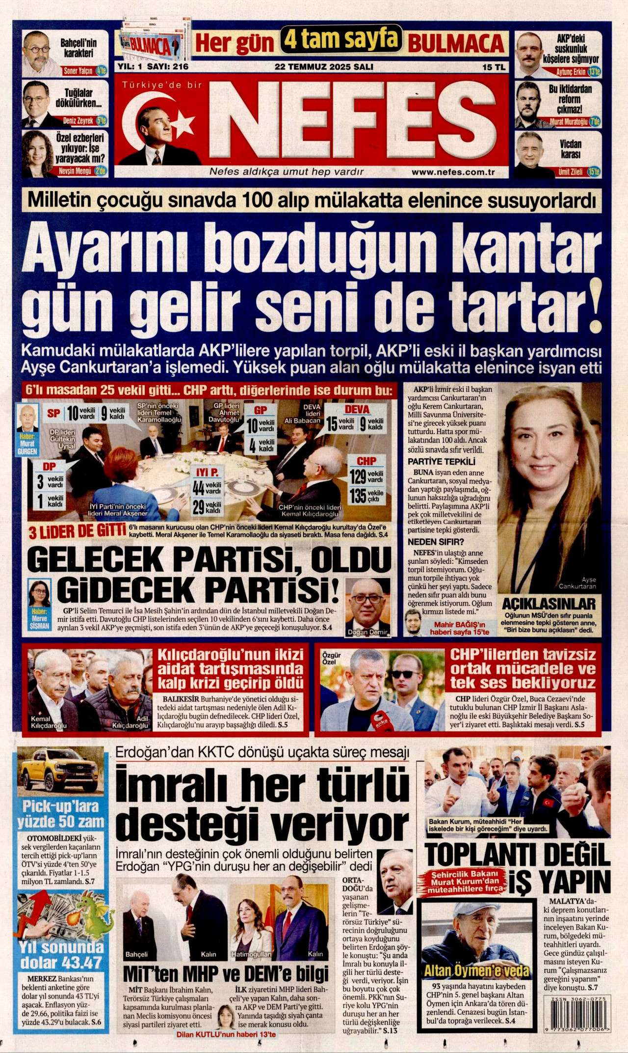 NEFES gazetesinin 22 Temmuz 2025 tarihli birinci sayfası