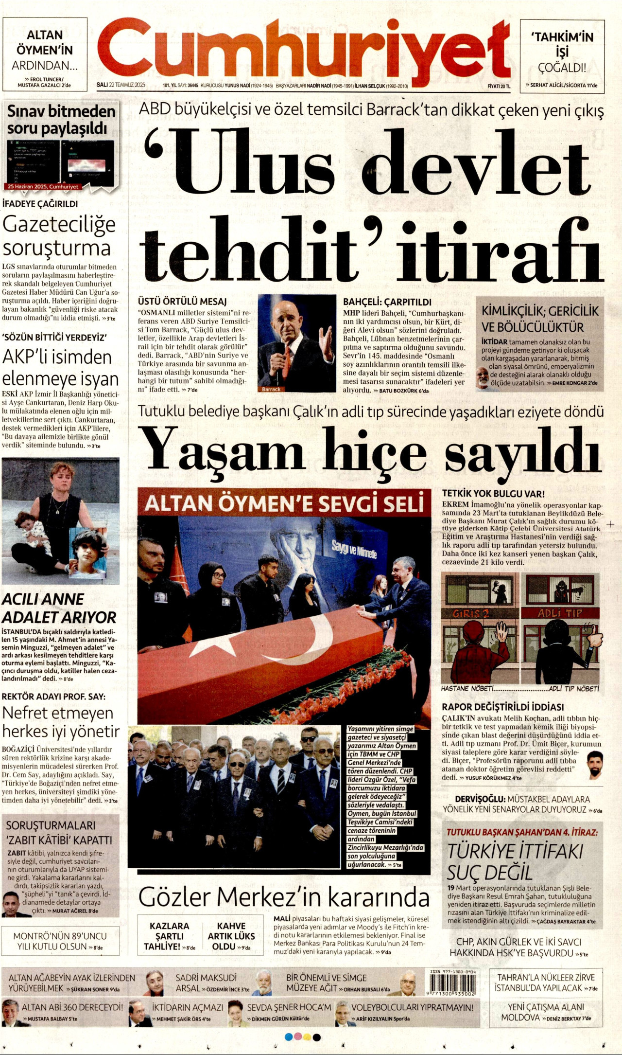 CUMHURİYET gazetesinin 22 Temmuz 2025 tarihli birinci sayfası