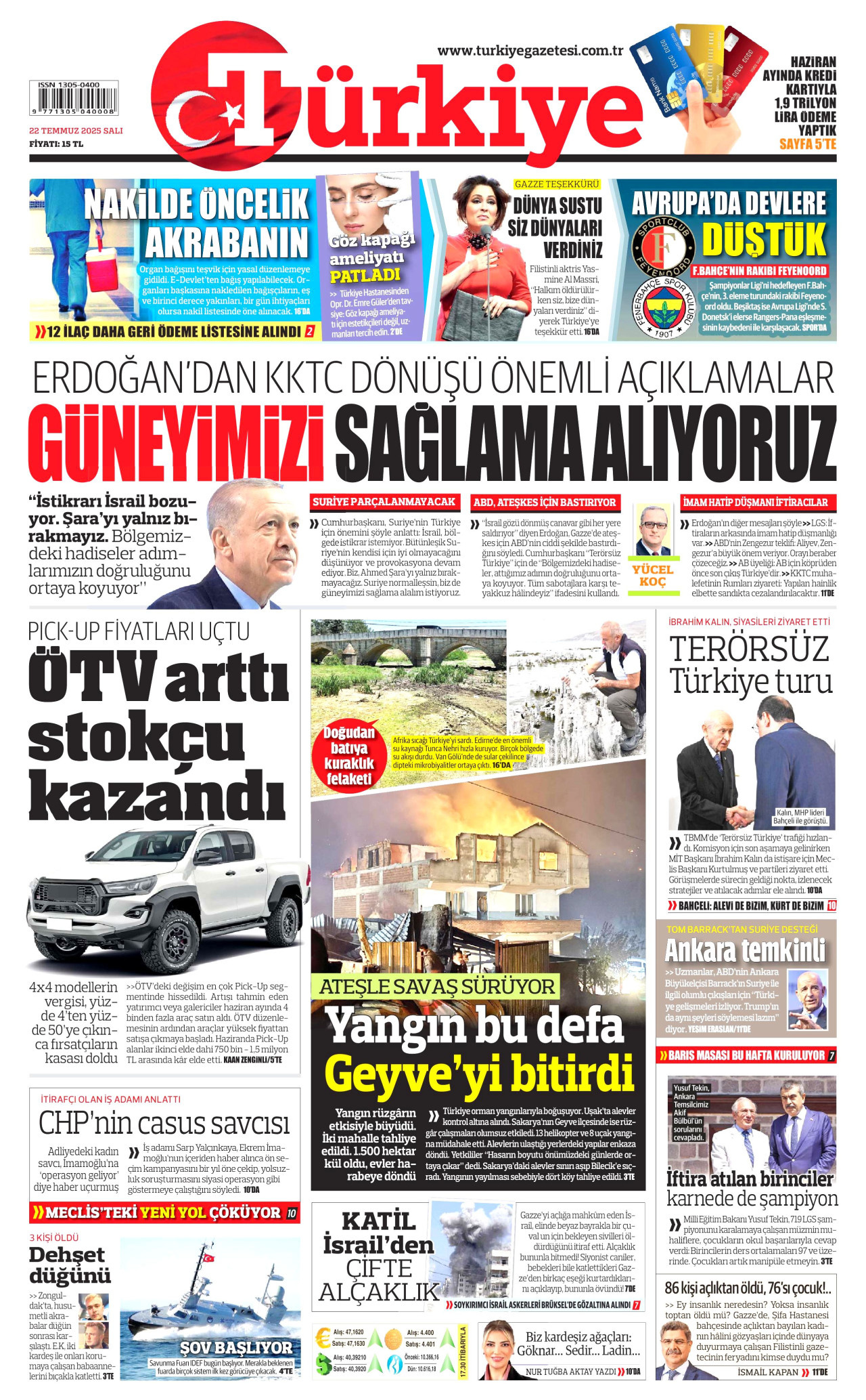 TÜRKİYE GAZETESİ gazetesinin 22 Temmuz 2025 tarihli birinci sayfası