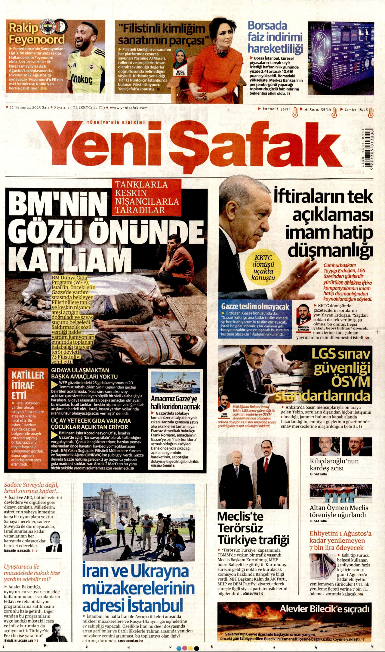 YENİ ŞAFAK gazetesinin 22 Temmuz 2025 tarihli birinci sayfası
