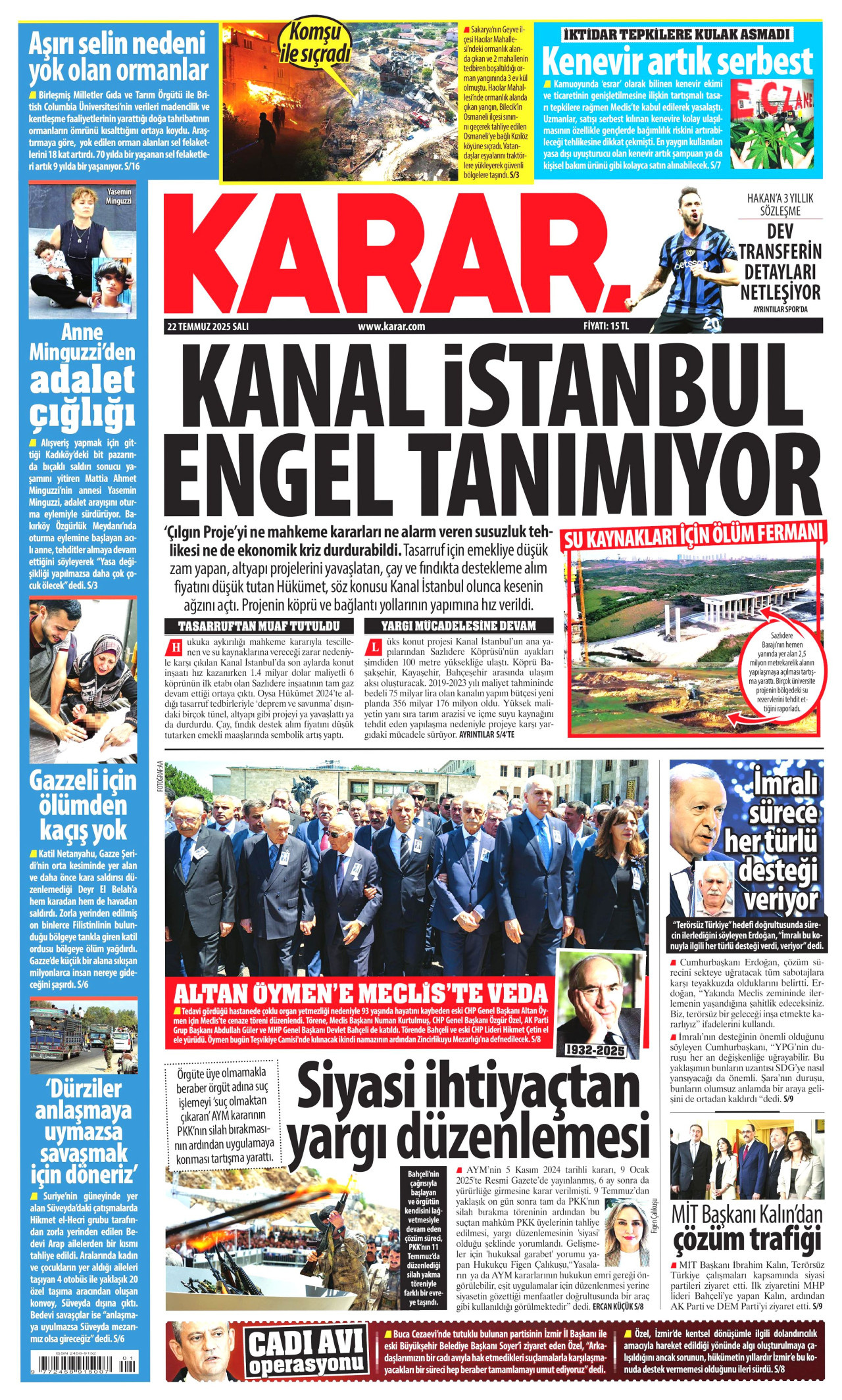 KARAR gazetesinin 22 Temmuz 2025 tarihli birinci sayfası