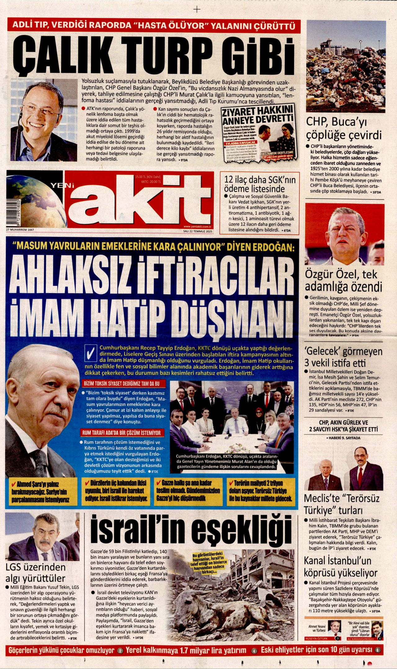 YENİ AKİT gazetesinin 22 Temmuz 2025 tarihli birinci sayfası