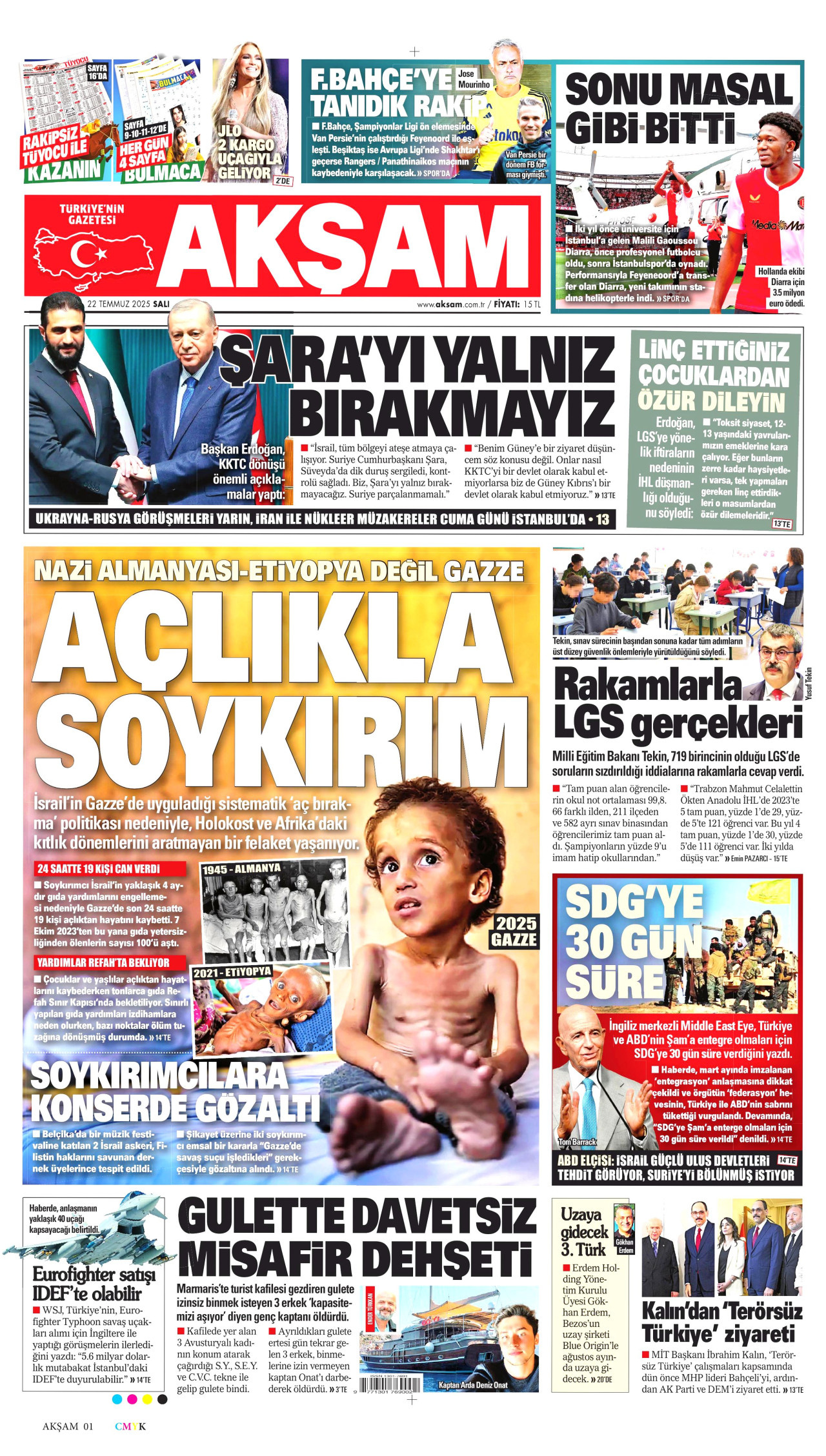 AKŞAM gazetesinin 22 Temmuz 2025 tarihli birinci sayfası
