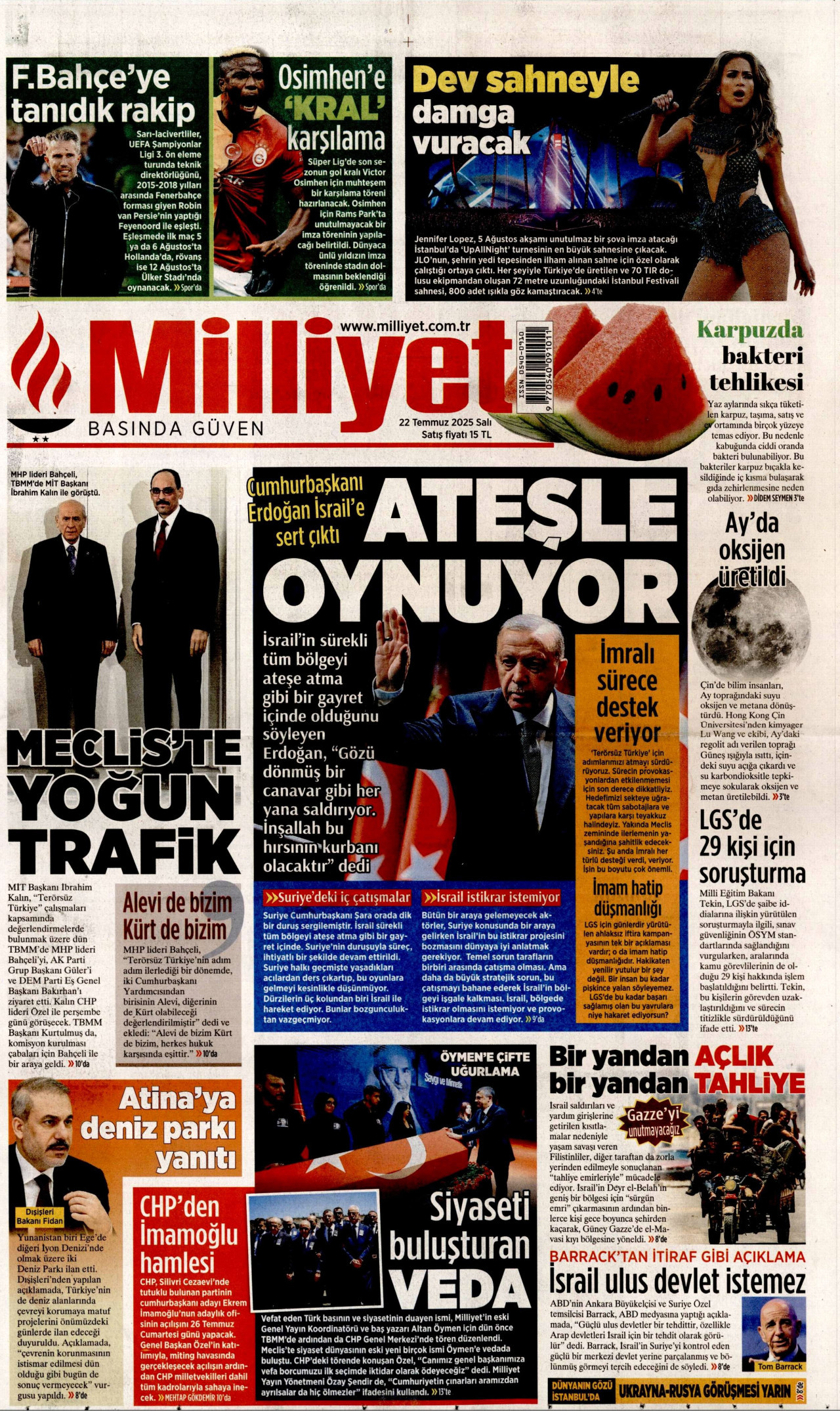 MİLLİYET gazetesinin 22 Temmuz 2025 tarihli birinci sayfası