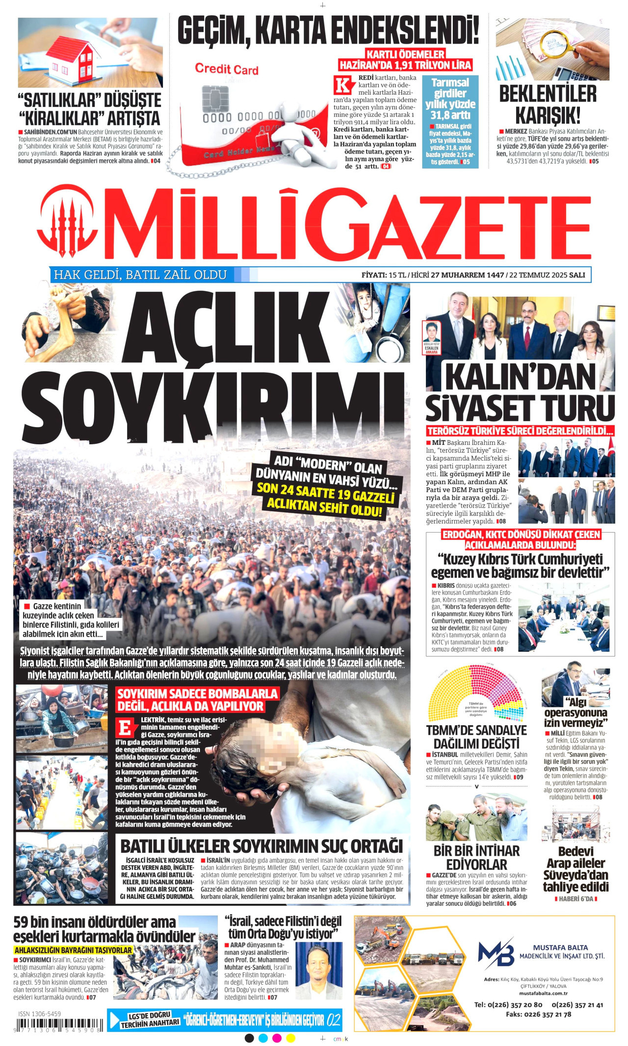 MİLLİ GAZETE gazetesinin 22 Temmuz 2025 tarihli birinci sayfası