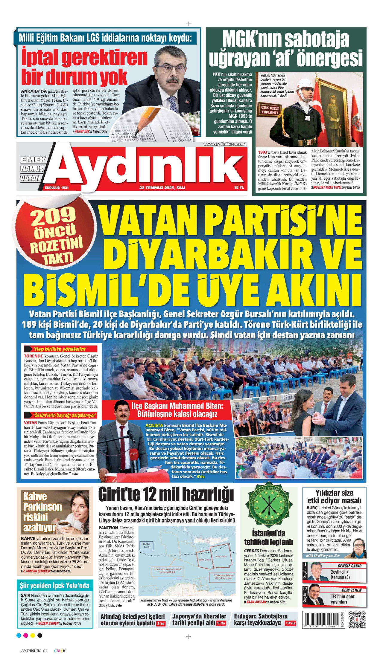 AYDINLIK GAZETESİ gazetesinin 22 Temmuz 2025 tarihli birinci sayfası