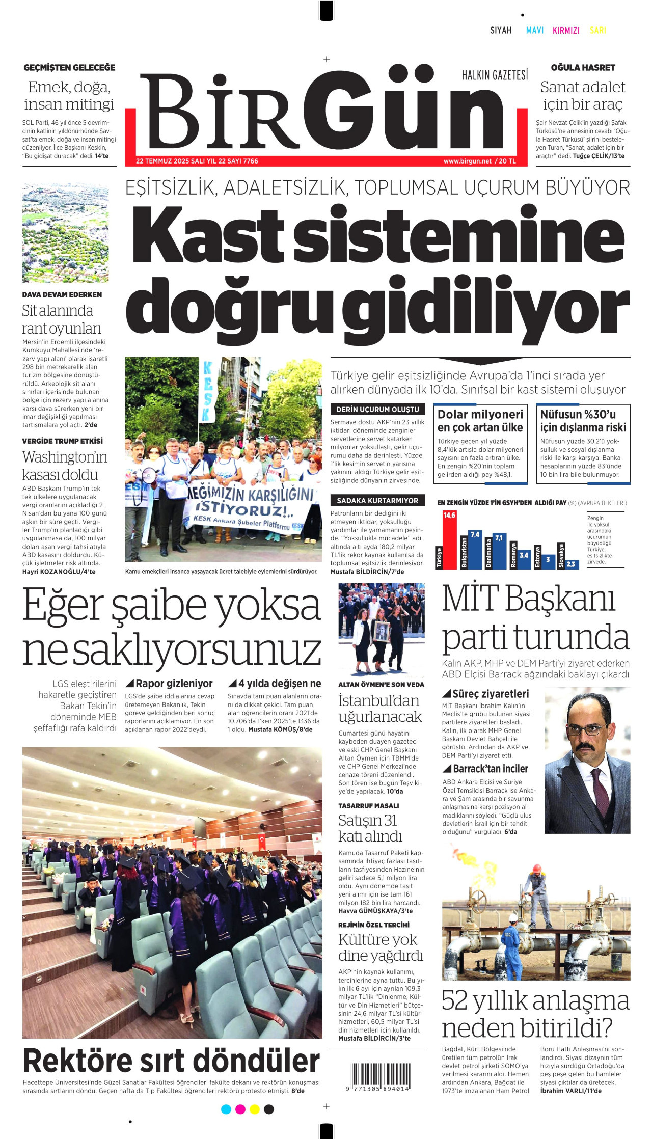 BİRGÜN gazetesinin 22 Temmuz 2025 tarihli birinci sayfası