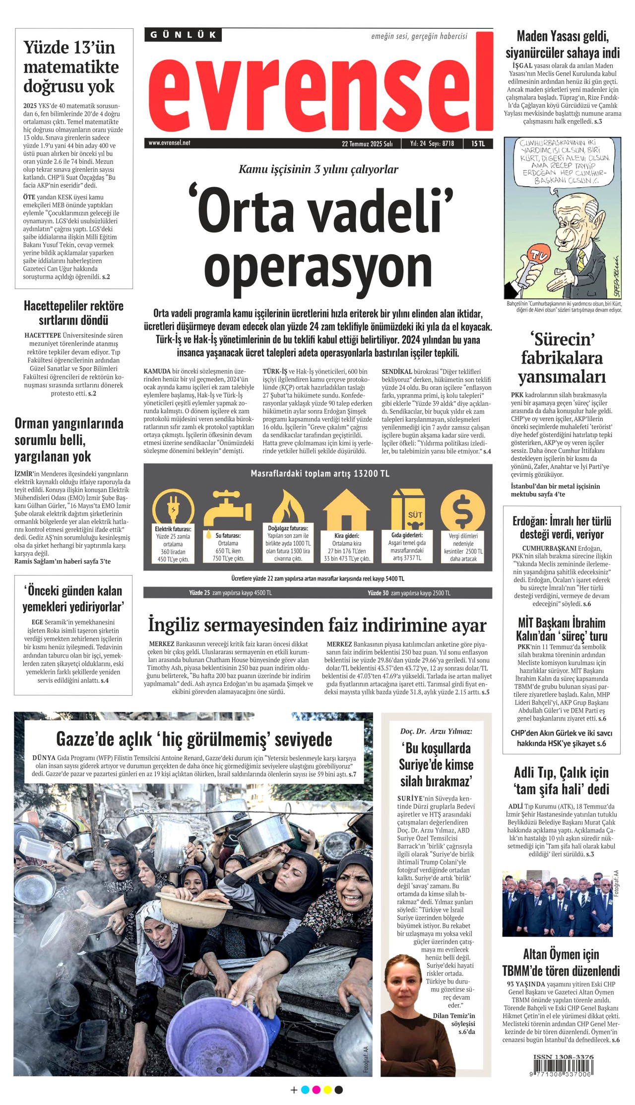 EVRENSEL gazetesinin 22 Temmuz 2025 tarihli birinci sayfası