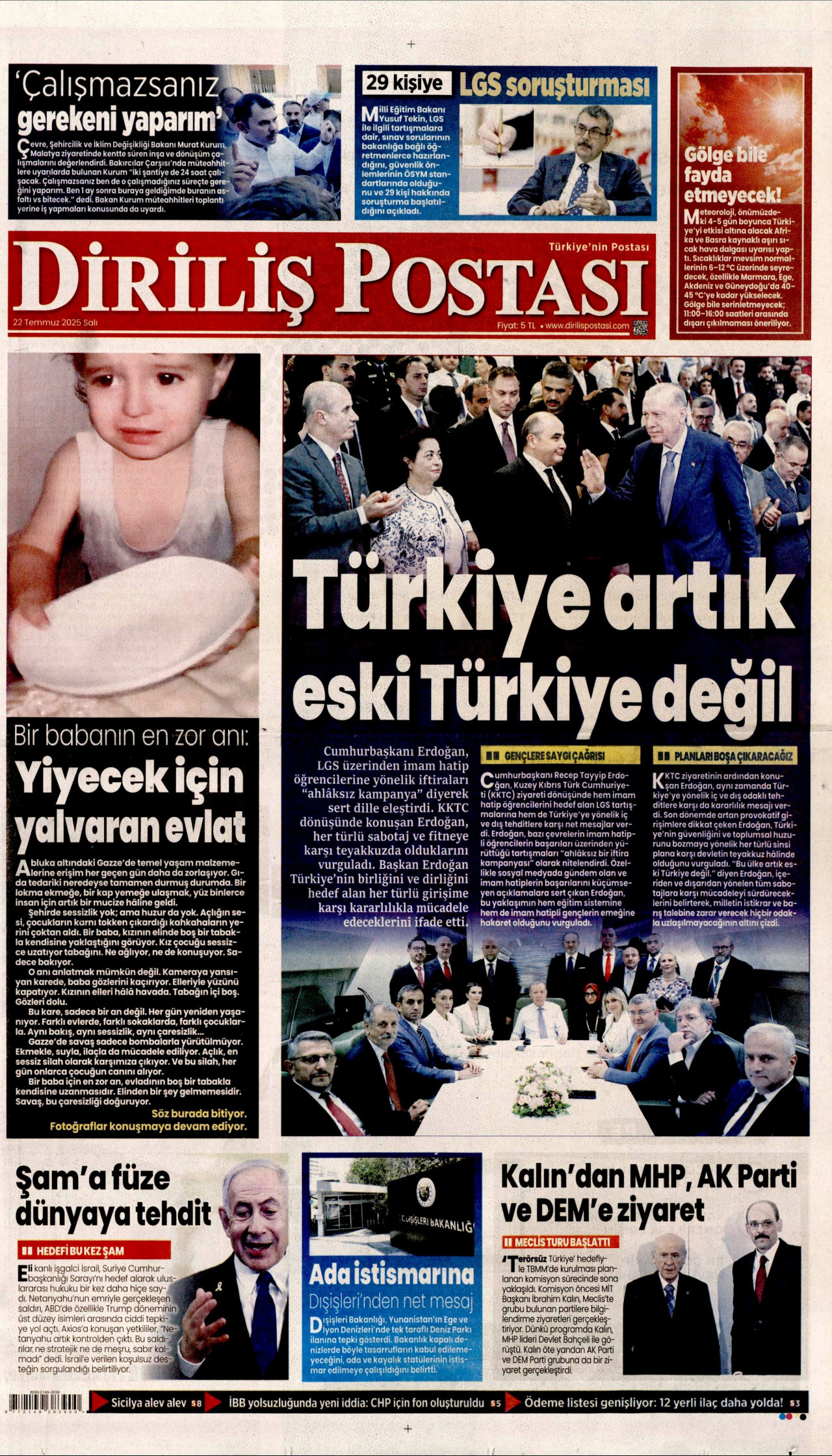 DİRİLİŞ POSTASI gazetesinin 22 Temmuz 2025 tarihli birinci sayfası