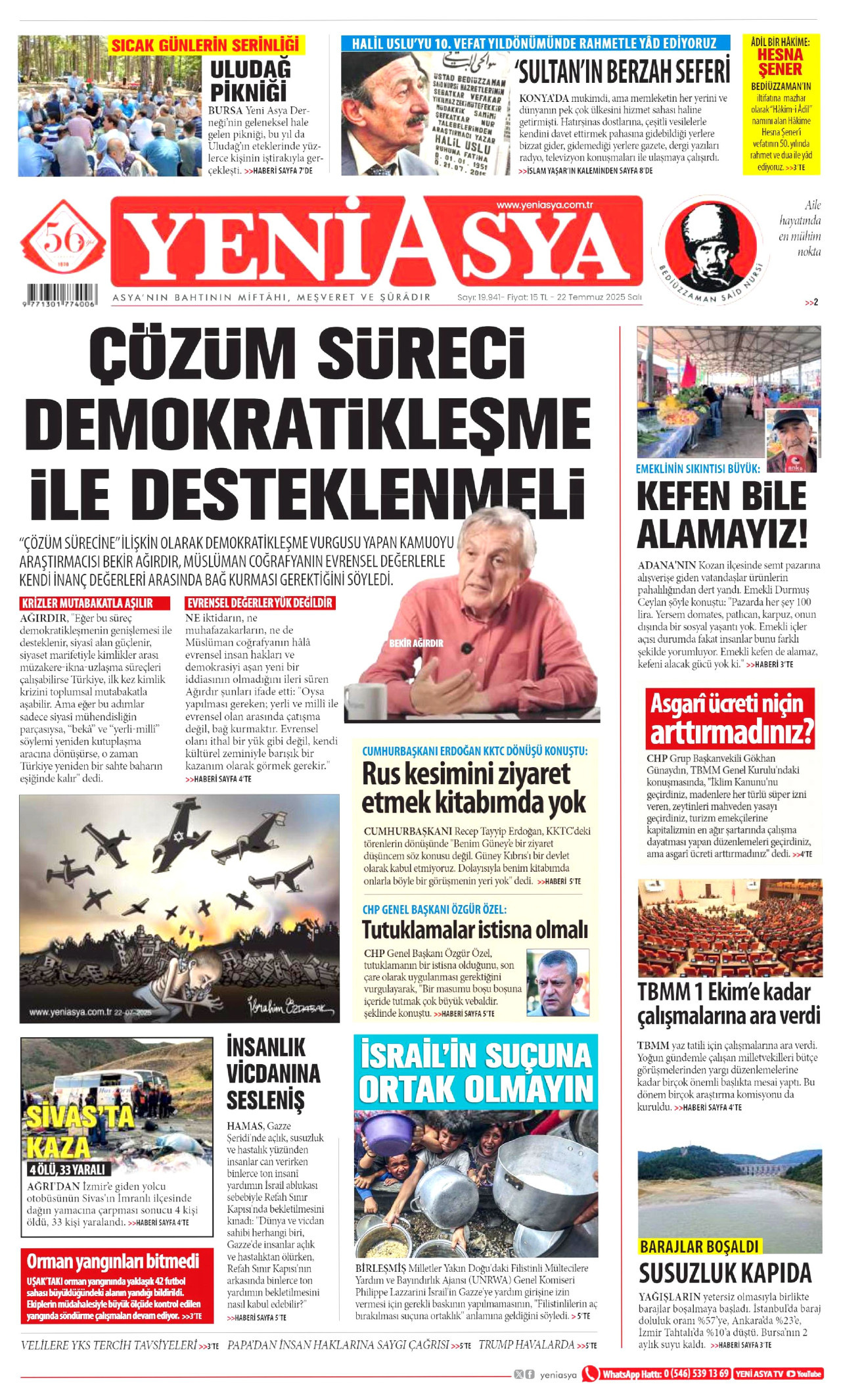 YENİ ASYA gazetesinin 22 Temmuz 2025 tarihli birinci sayfası