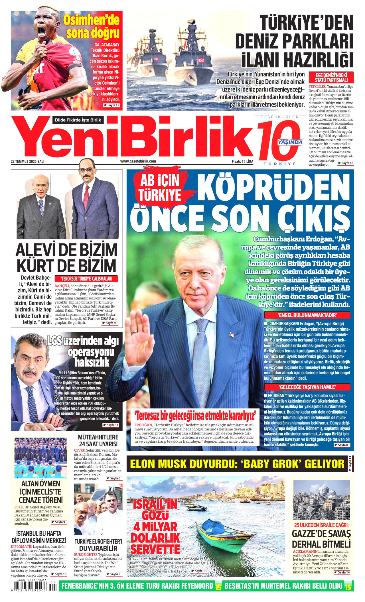 YENİBİRLİK gazetesinin 22 Temmuz 2025 tarihli birinci sayfası