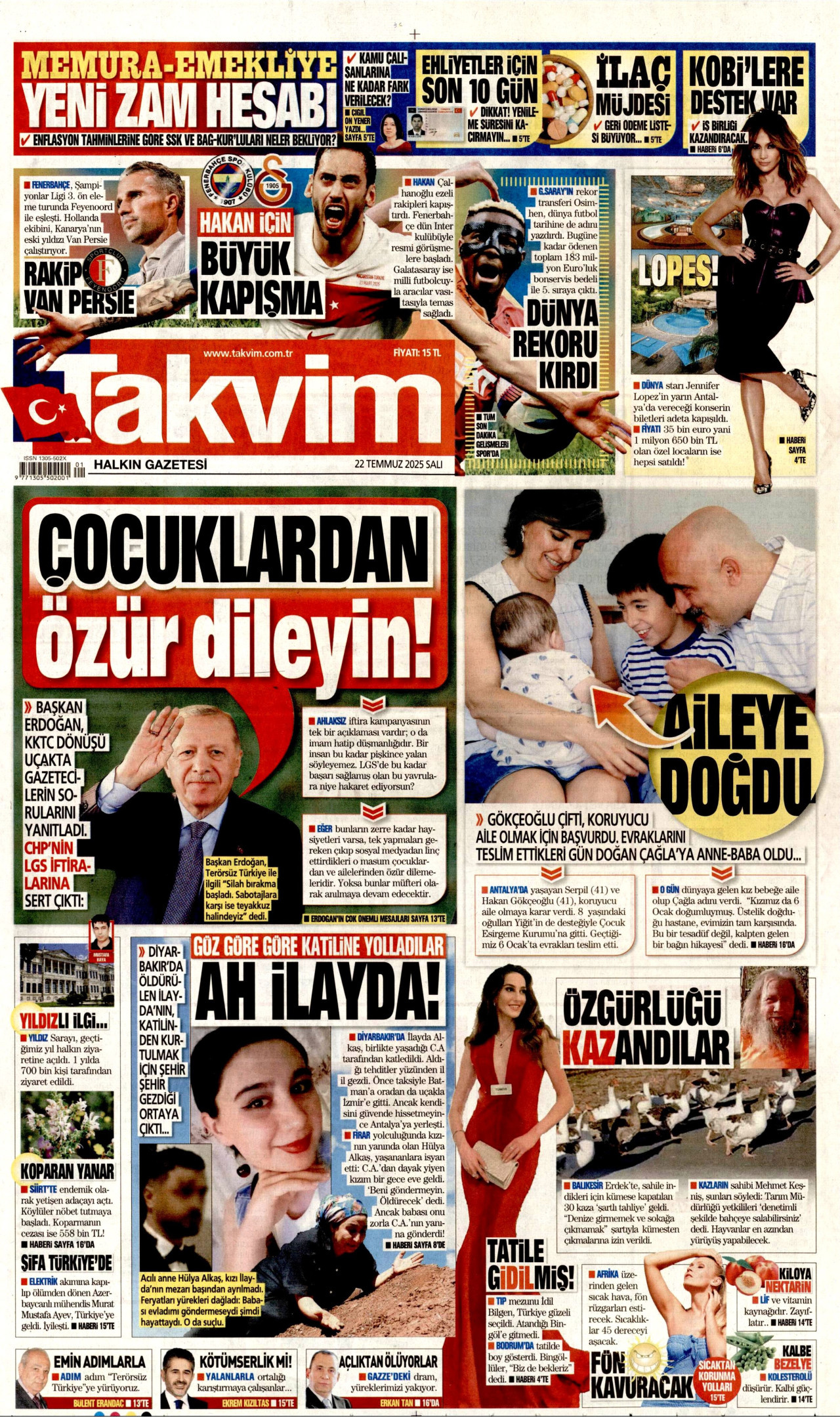 TAKVİM gazetesinin 22 Temmuz 2025 tarihli birinci sayfası