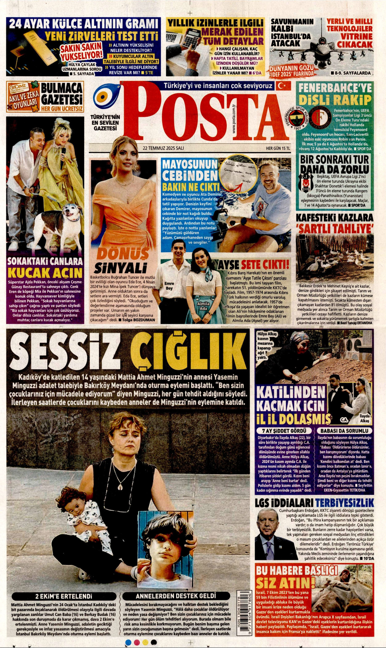 POSTA gazetesinin 22 Temmuz 2025 tarihli birinci sayfası