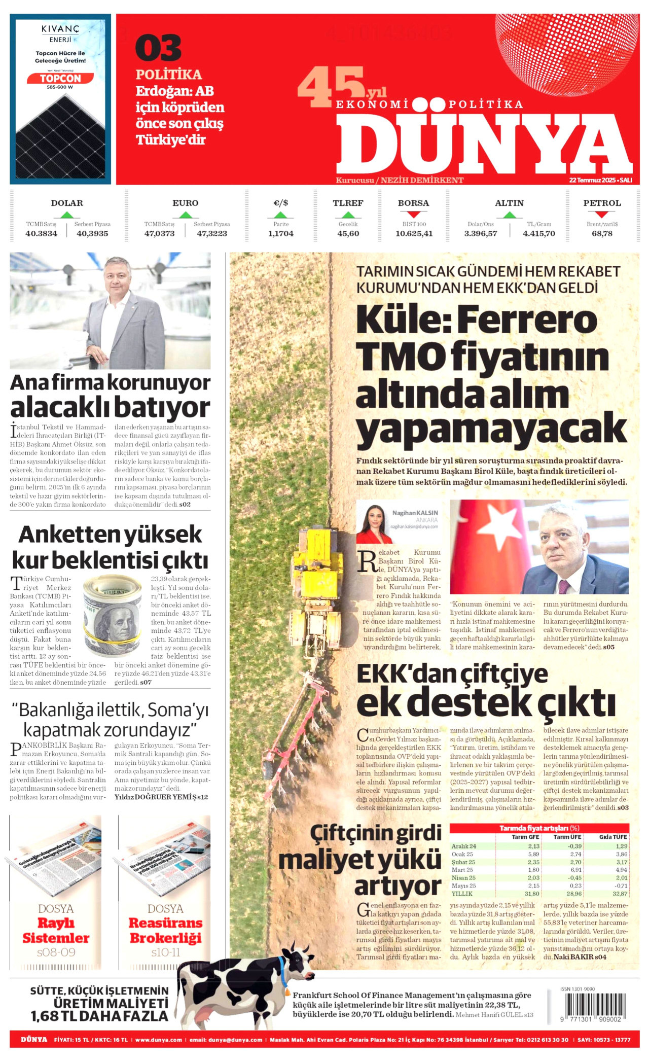 DÜNYA gazetesinin 22 Temmuz 2025 tarihli birinci sayfası