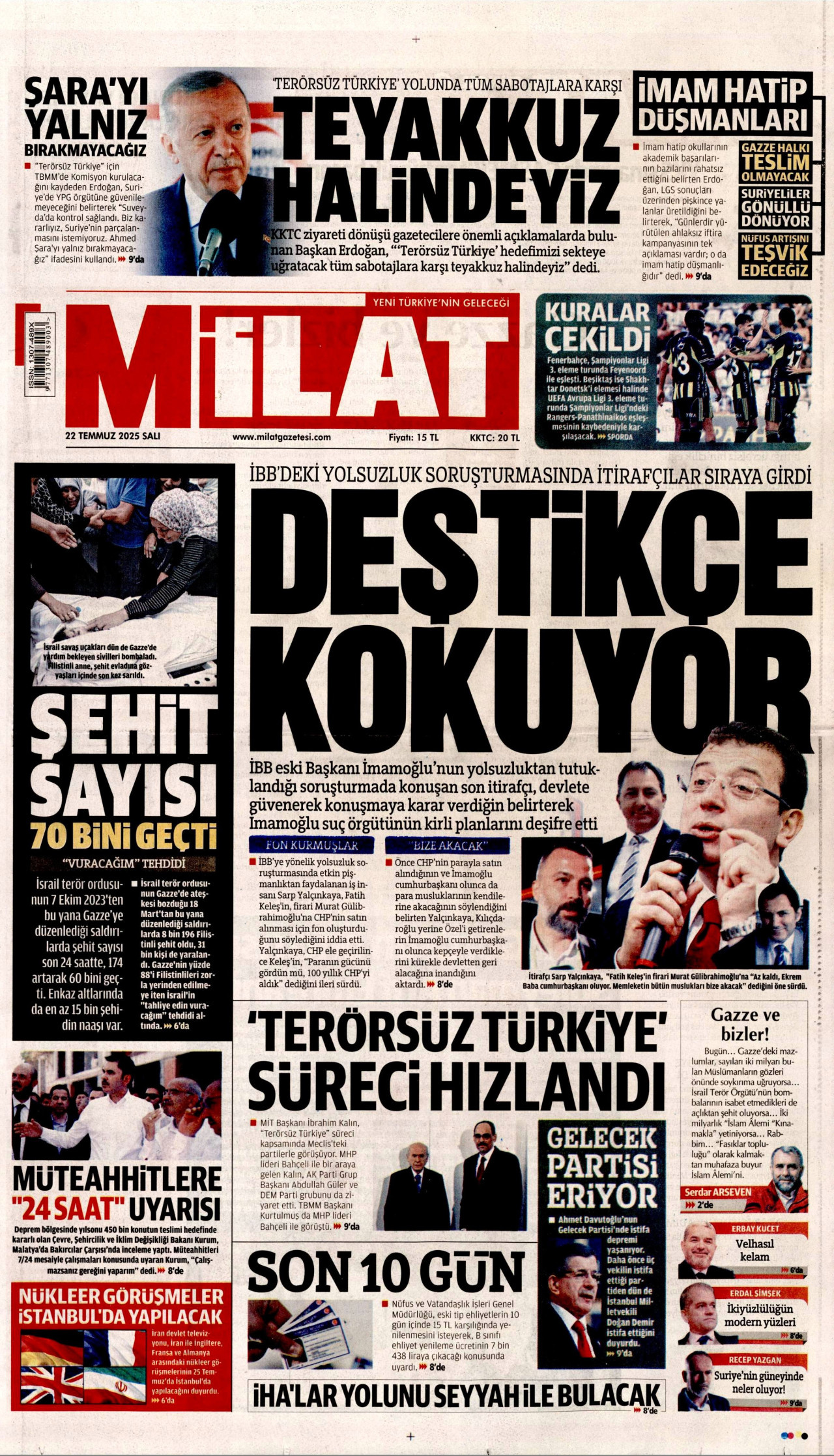 MİLAT gazetesinin 22 Temmuz 2025 tarihli birinci sayfası