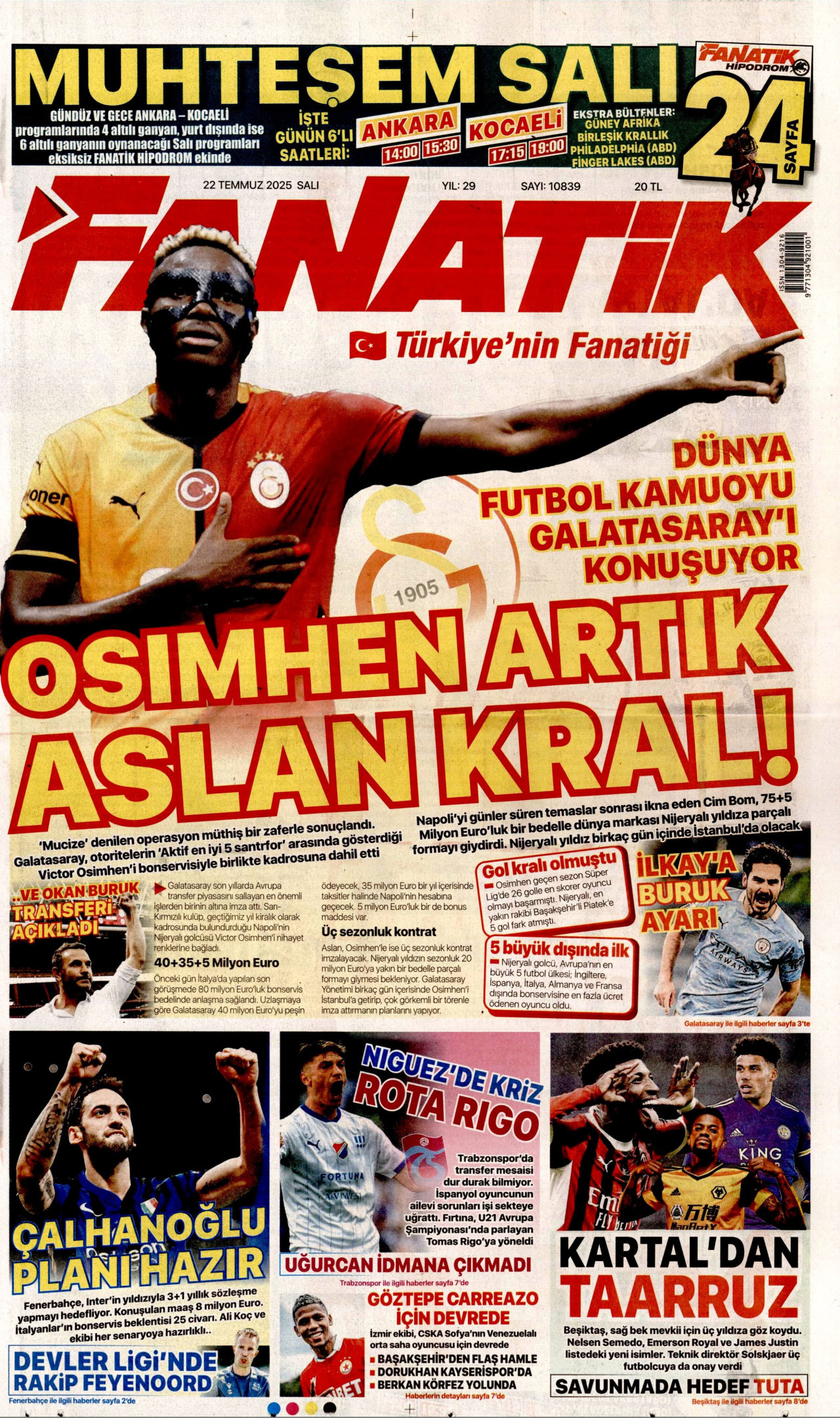 FANATİK gazetesinin 22 Temmuz 2025 tarihli birinci sayfası