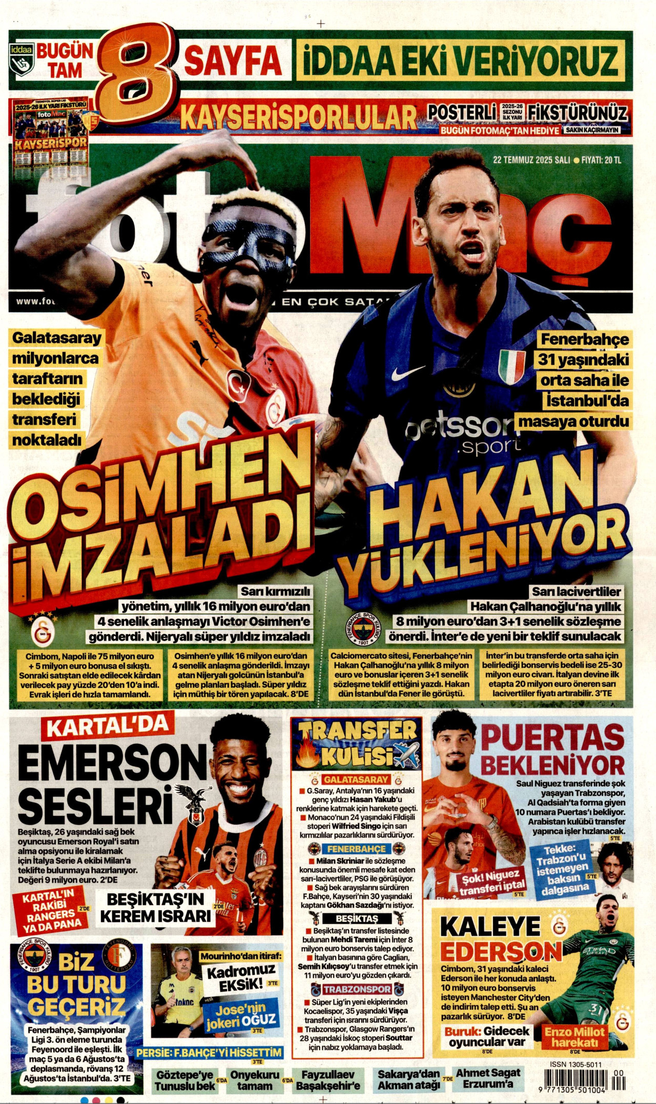 FOTOMAÇ gazetesinin 22 Temmuz 2025 tarihli birinci sayfası