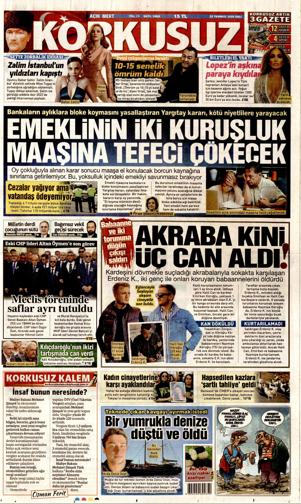 KORKUSUZ gazetesinin 22 Temmuz 2025 tarihli birinci sayfası