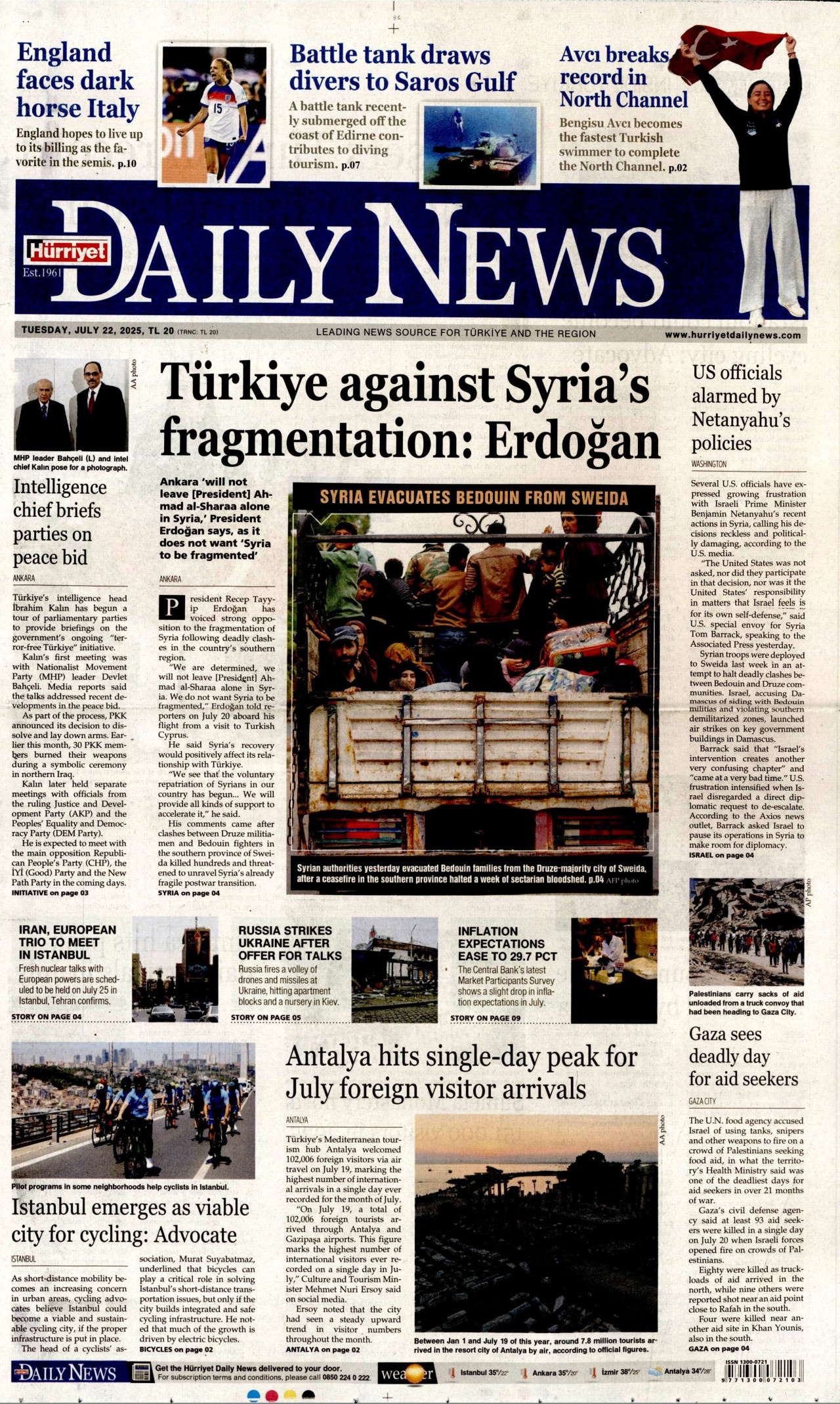 HÜRRİYET DAİLY NEWS gazetesinin 22 Temmuz 2025 tarihli birinci sayfası