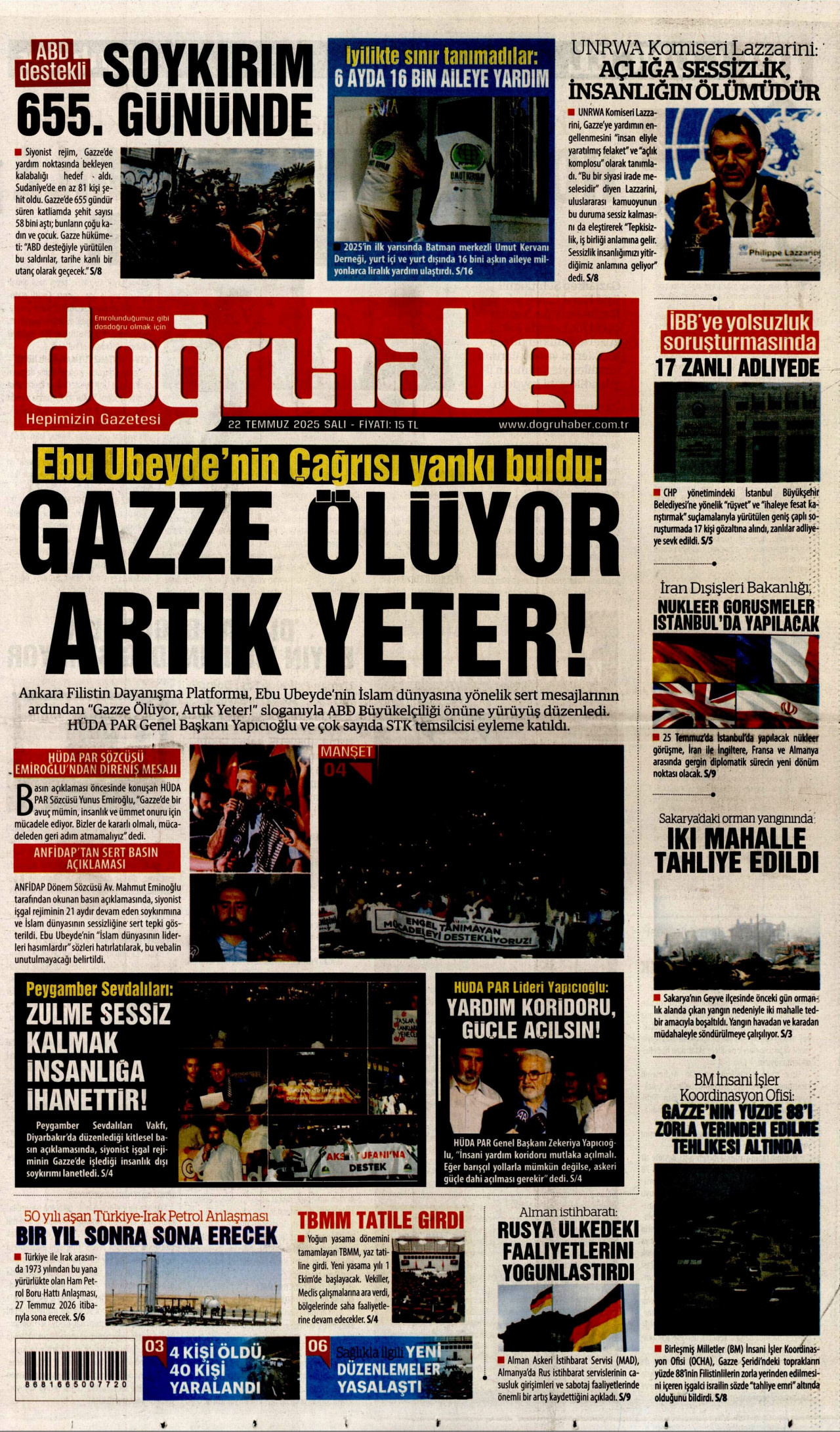 DOĞRU HABER gazetesinin 22 Temmuz 2025 tarihli birinci sayfası