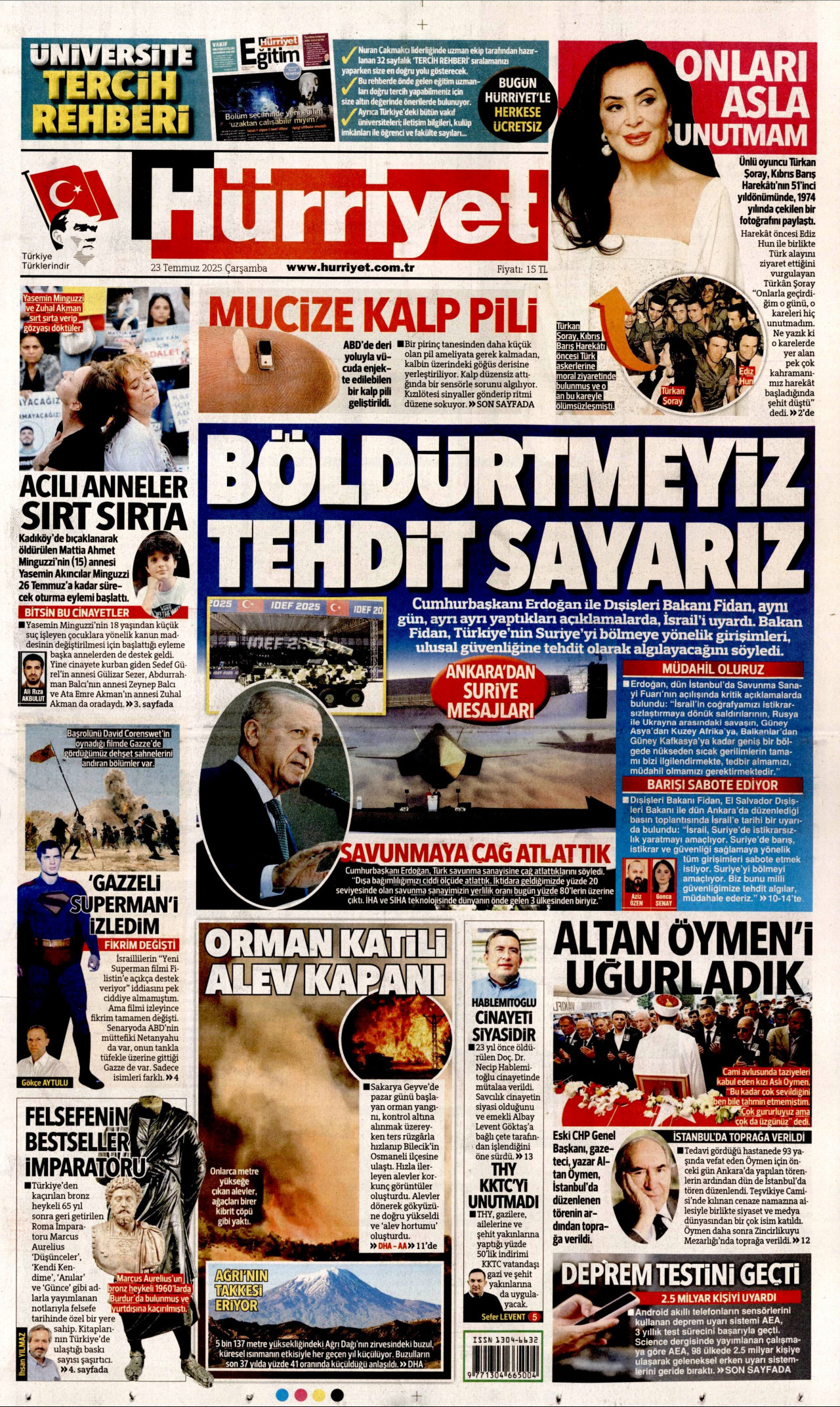 HÜRRİYET gazetesinin 23 Temmuz 2025 tarihli birinci sayfası