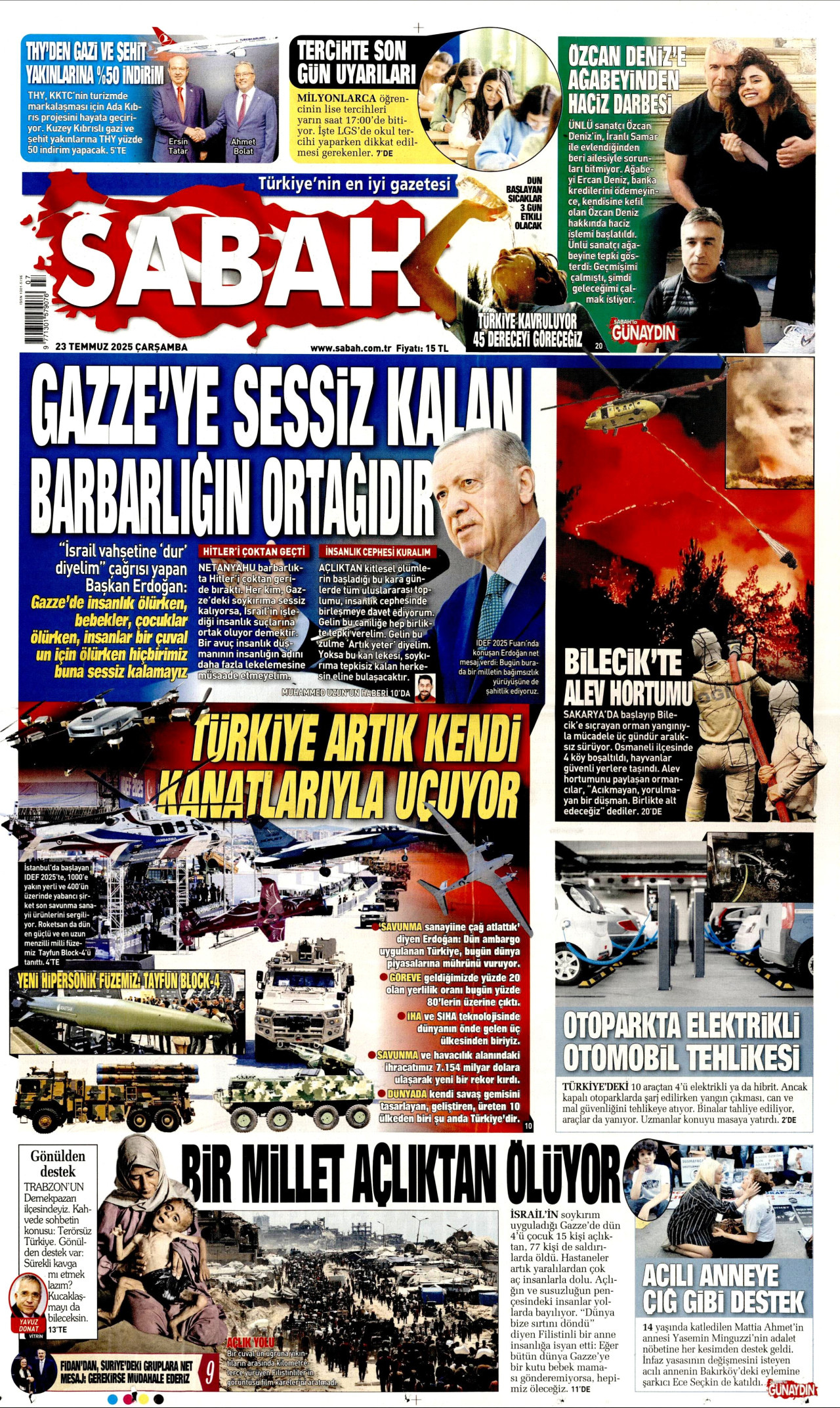 SABAH gazetesinin 23 Temmuz 2025 tarihli birinci sayfası
