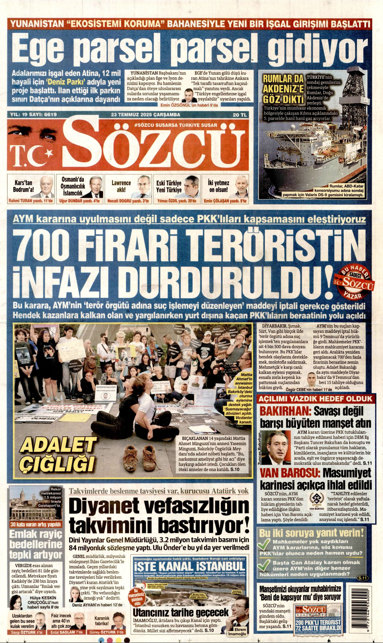 SÖZCÜ gazetesinin 23 Temmuz 2025 tarihli birinci sayfası