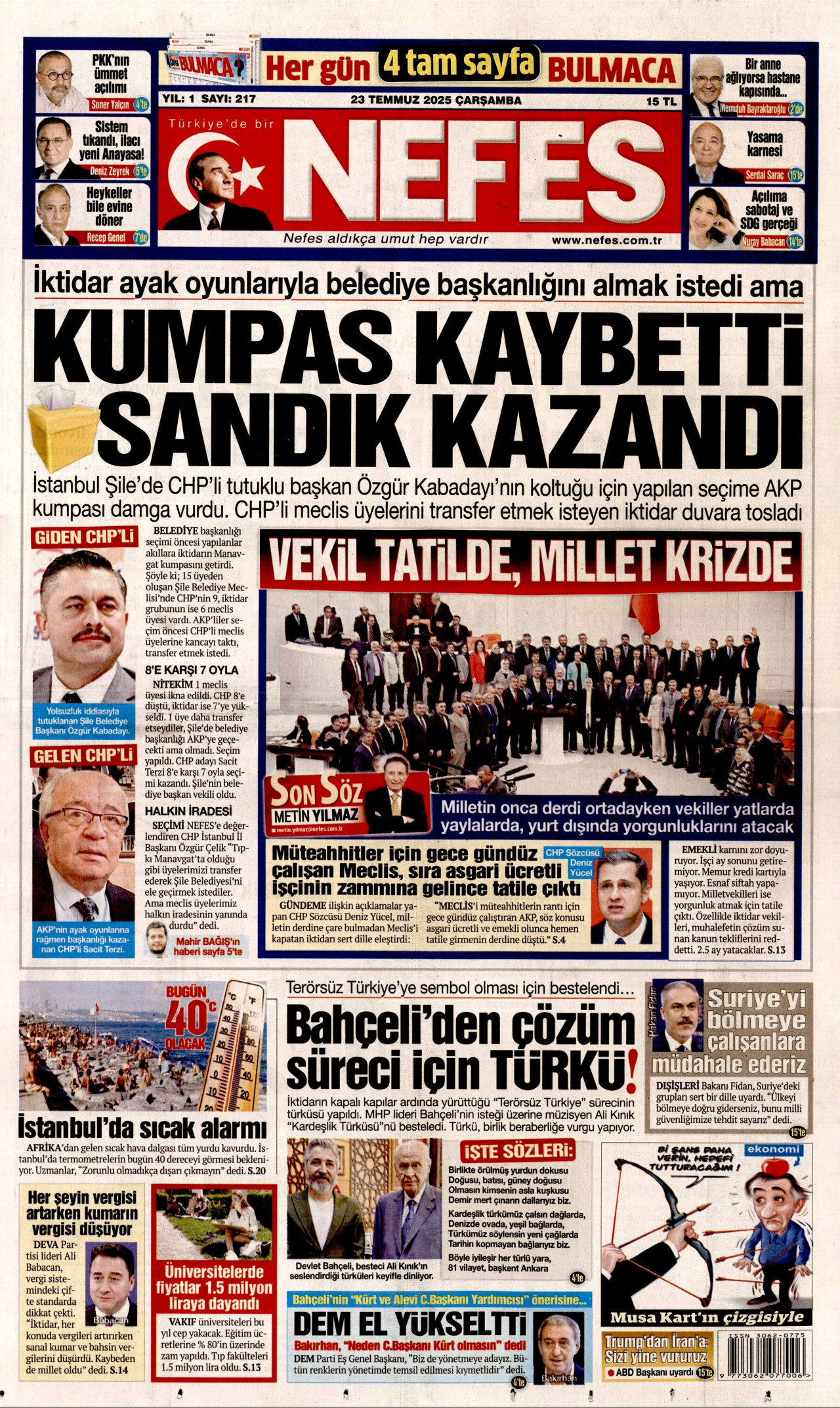 NEFES gazetesinin 23 Temmuz 2025 tarihli birinci sayfası