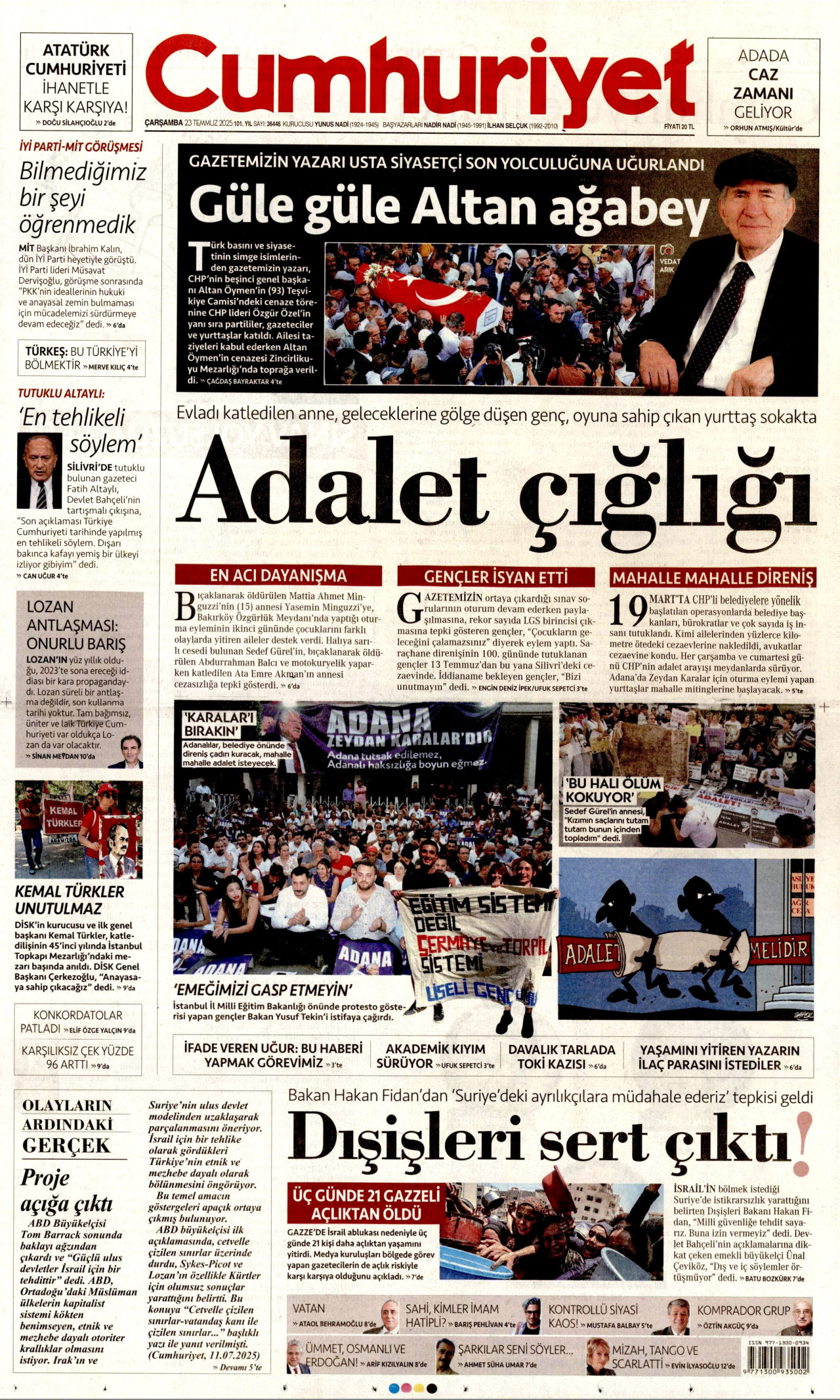 CUMHURİYET gazetesinin 23 Temmuz 2025 tarihli birinci sayfası