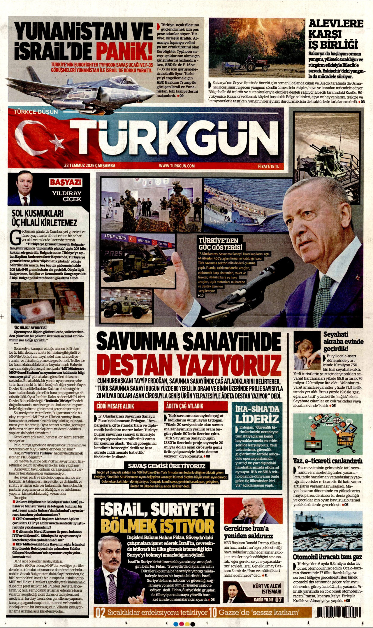 TÜRKGÜN gazetesinin 23 Temmuz 2025 tarihli birinci sayfası