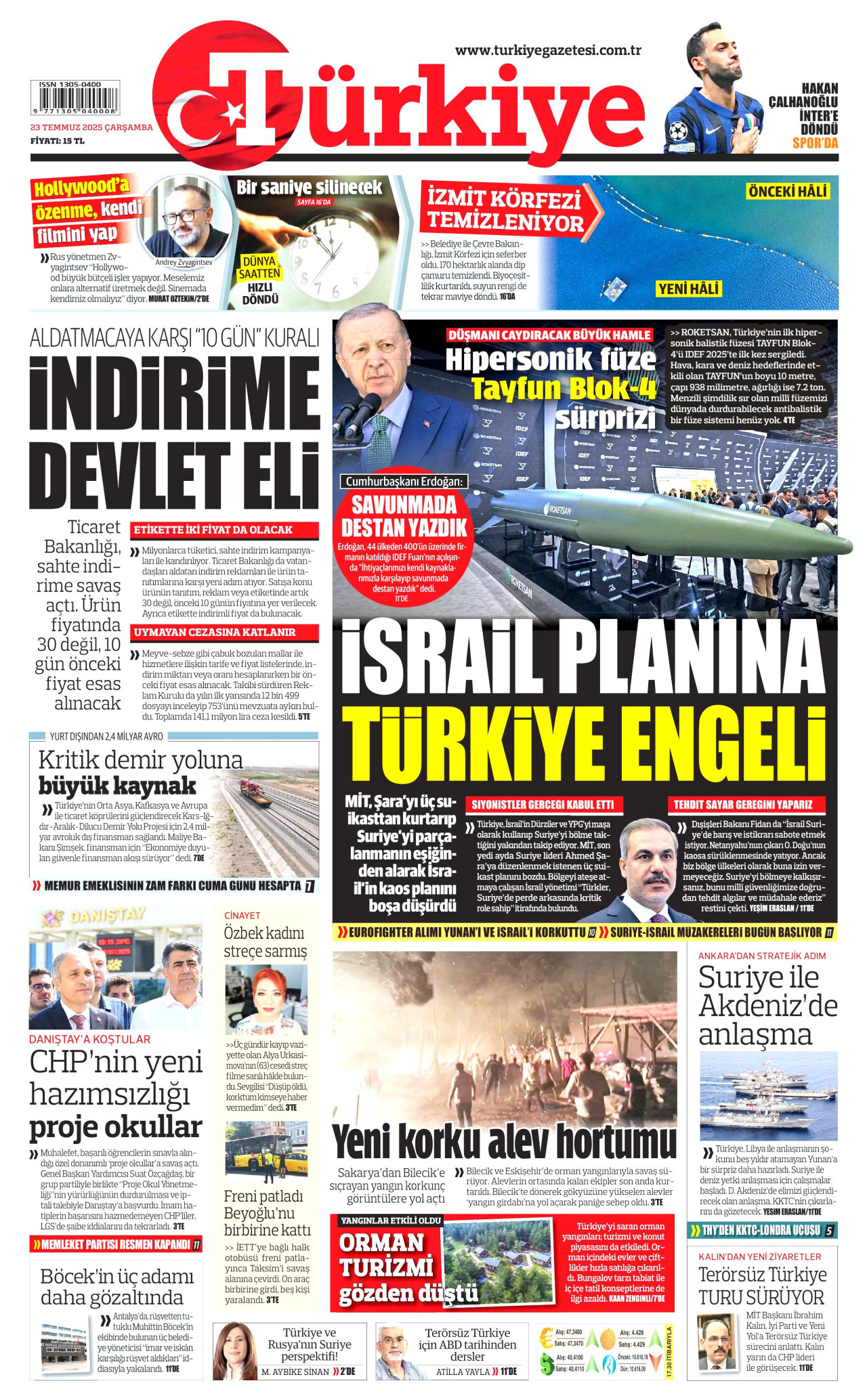 TÜRKİYE GAZETESİ gazetesinin 23 Temmuz 2025 tarihli birinci sayfası