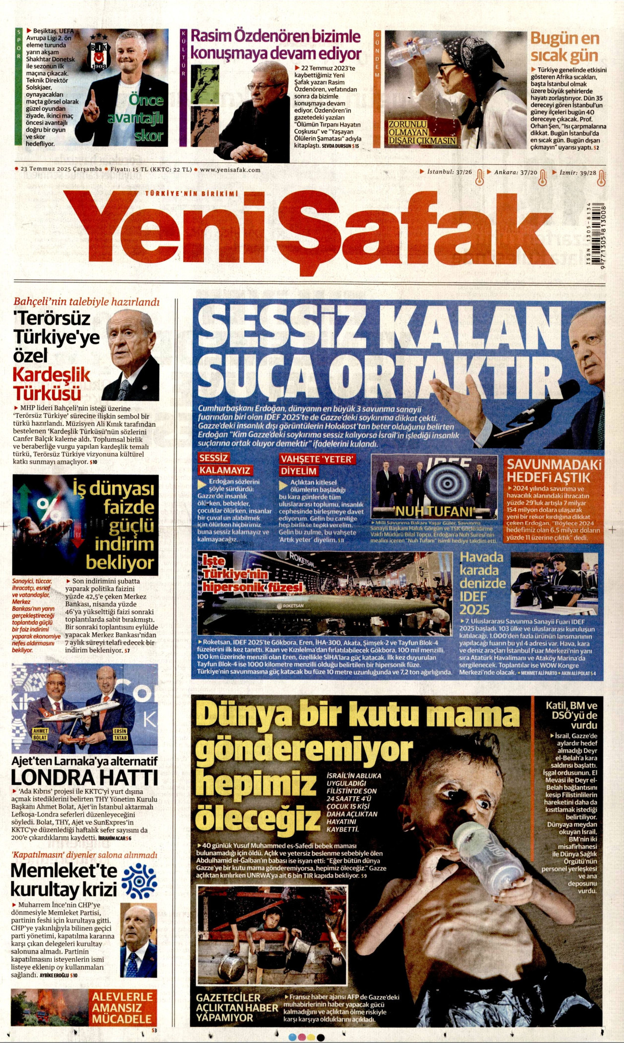 YENİ ŞAFAK gazetesinin 23 Temmuz 2025 tarihli birinci sayfası