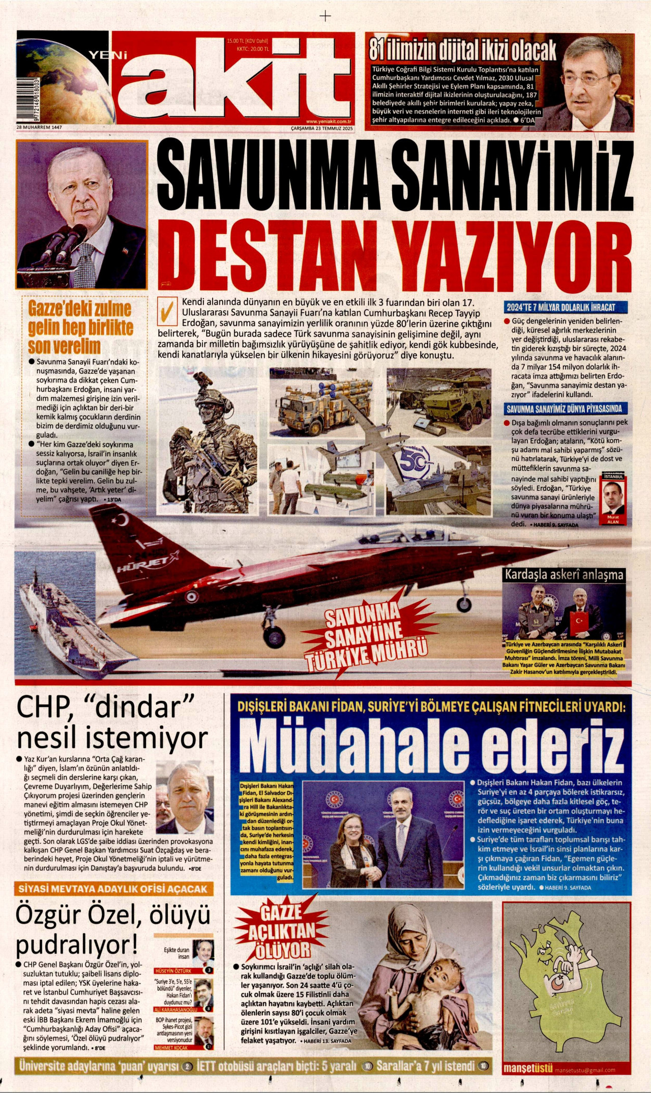 YENİ AKİT gazetesinin 23 Temmuz 2025 tarihli birinci sayfası