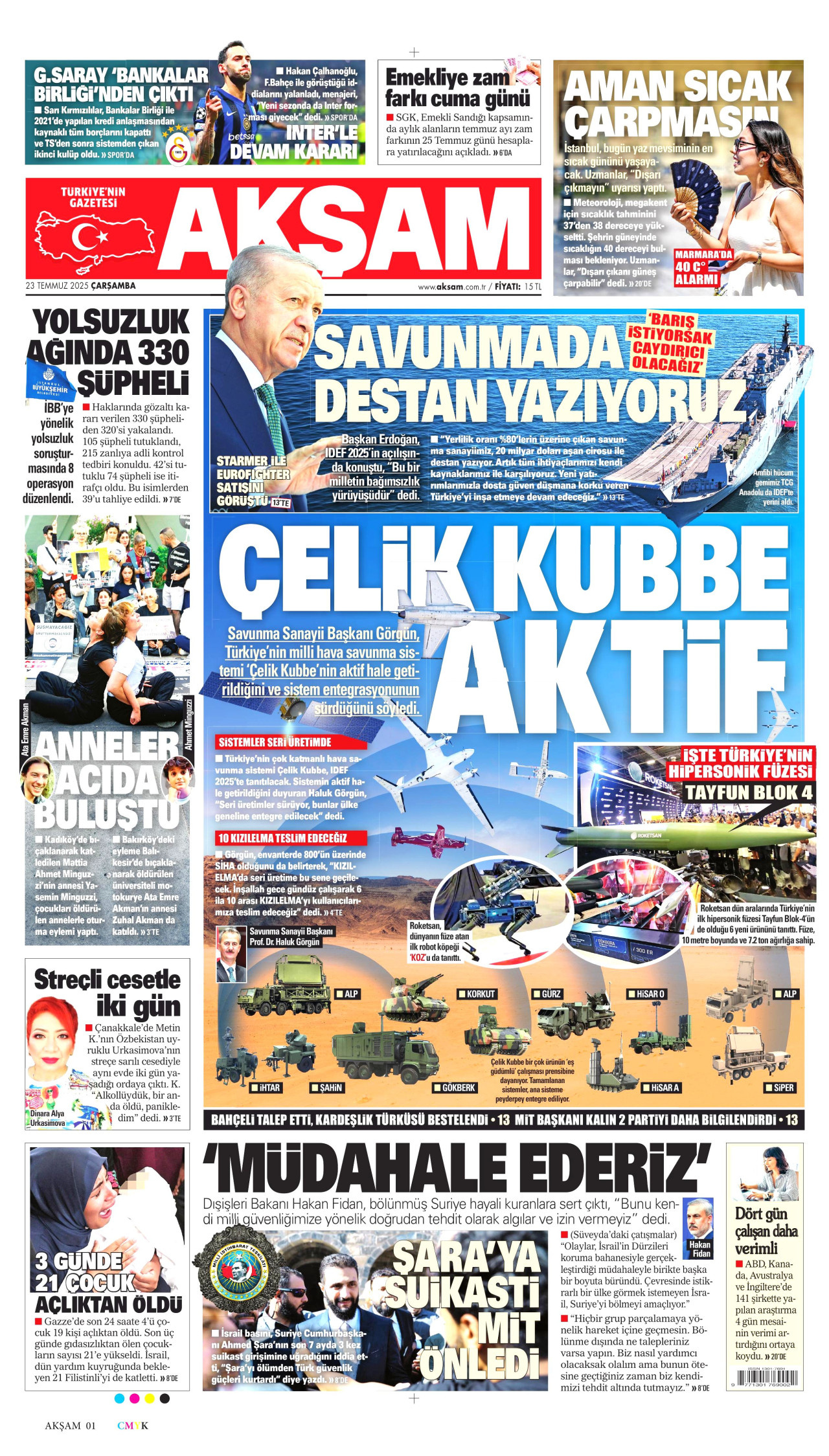 AKŞAM gazetesinin 23 Temmuz 2025 tarihli birinci sayfası